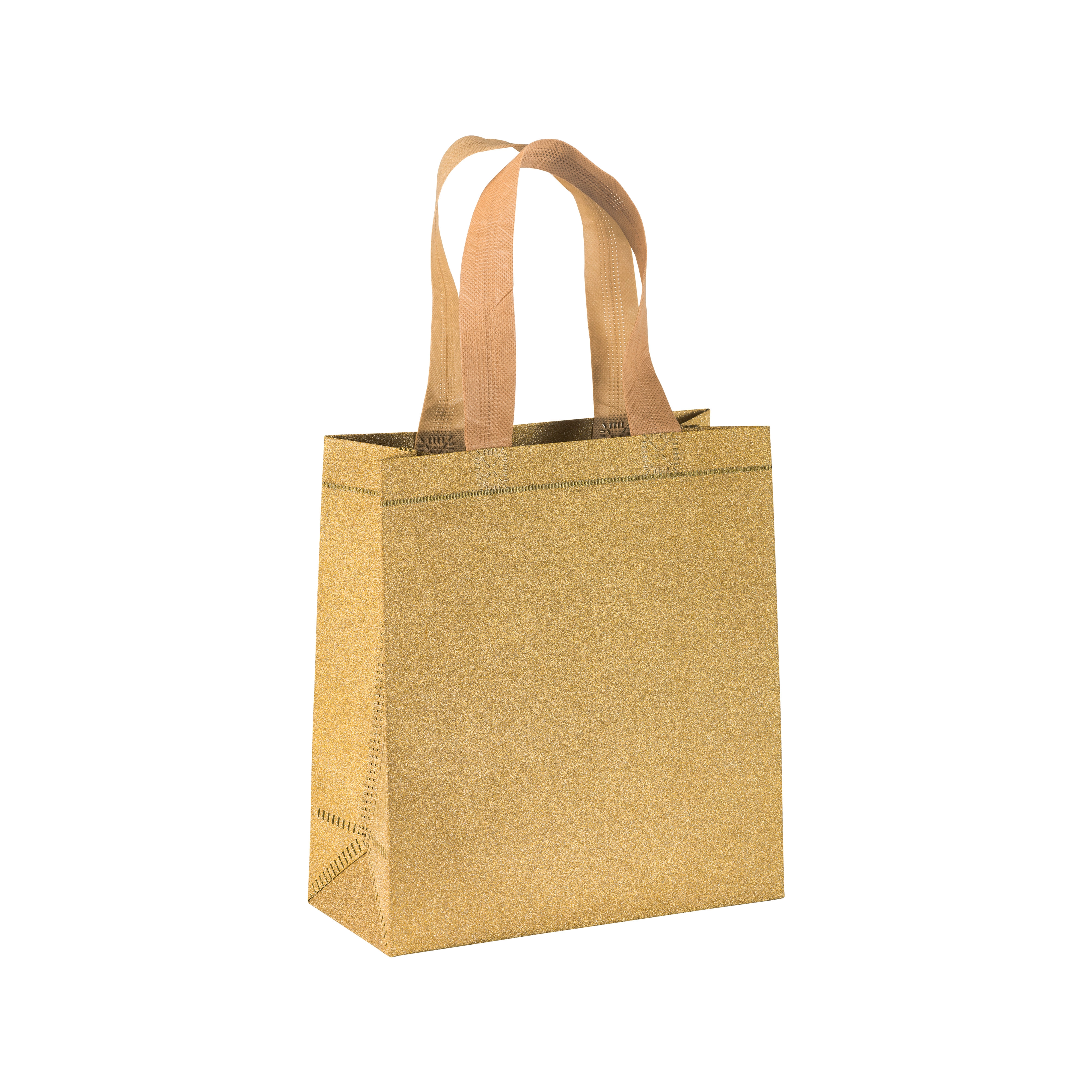 Immagine Shopper mini con soffietto in TNT laminato glitter 100 g/m2 termosaldato, manici corti