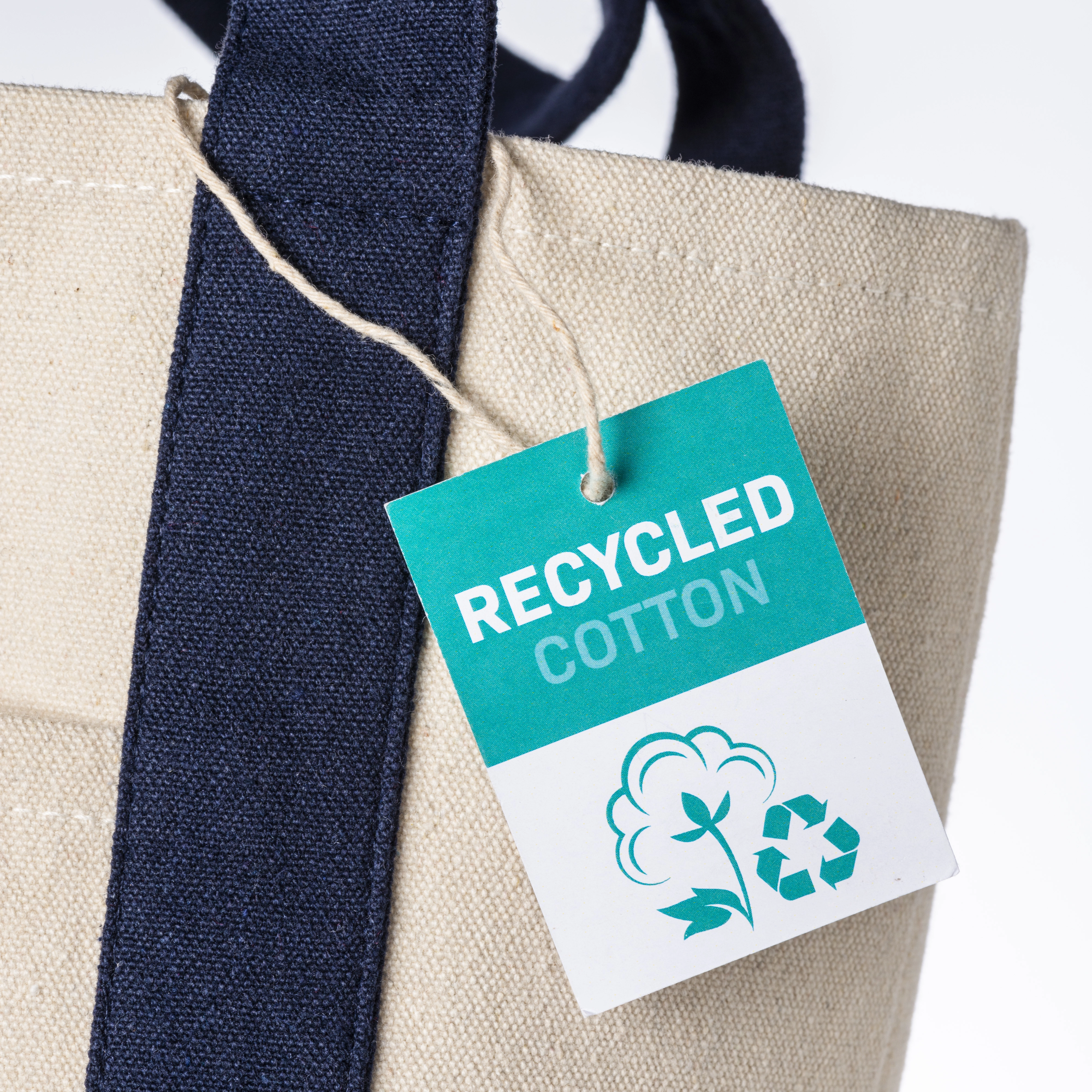 Immagine Mini borsa shopper in cotone riciclato da 340 g/m2 con manici e base colorati. GRS