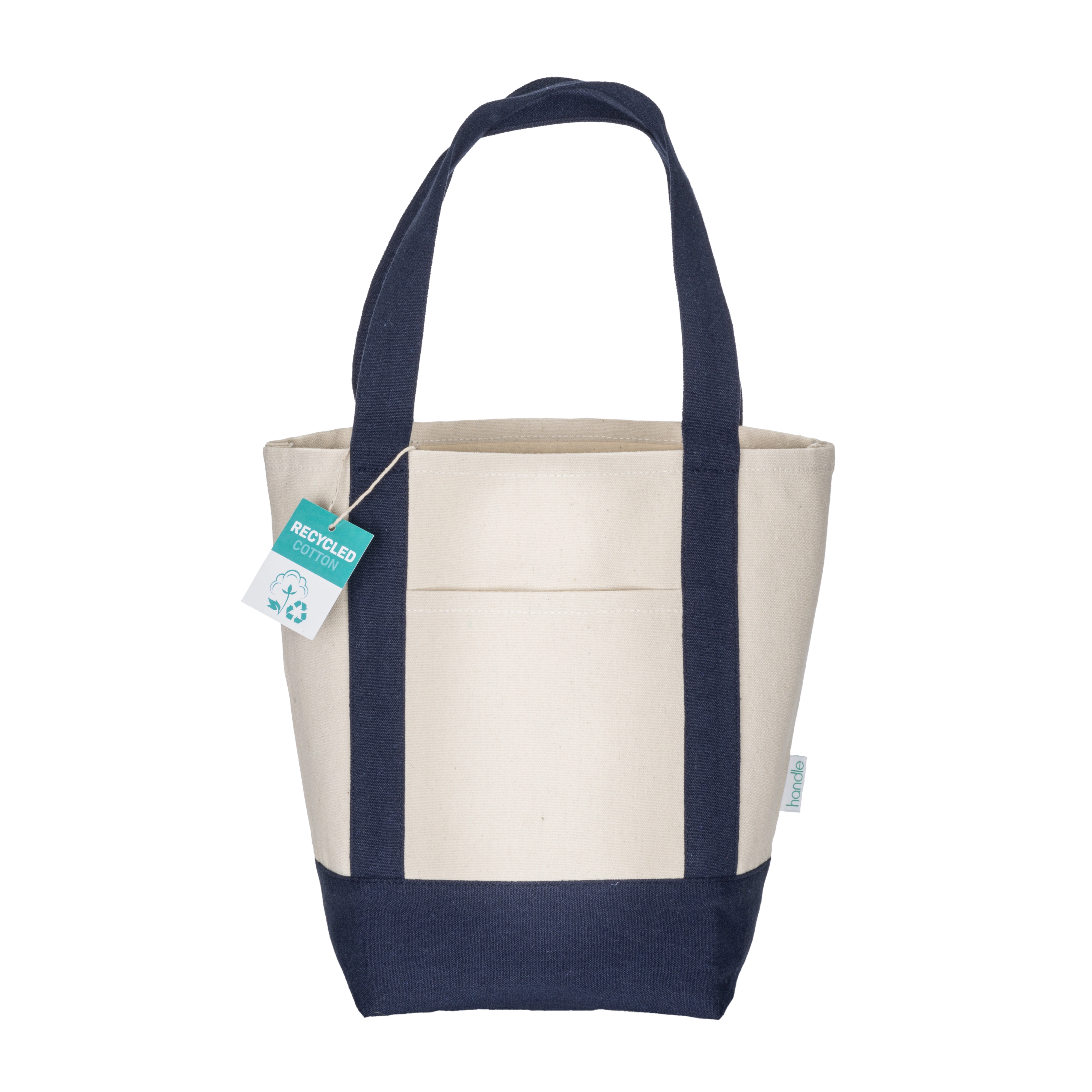 Immagine Mini borsa shopper in cotone riciclato da 340 g/m2 con manici e base colorati. GRS