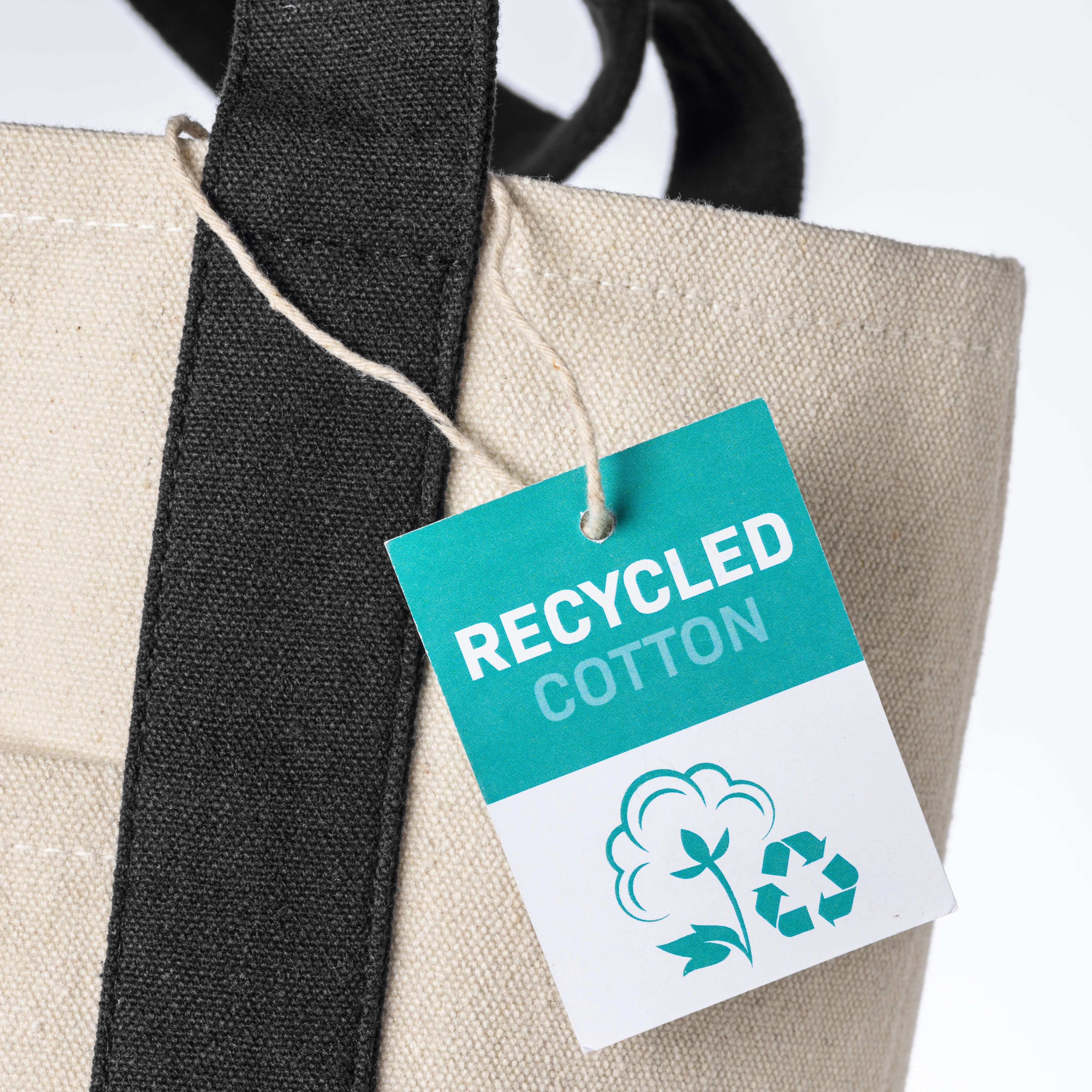 Immagine Mini borsa shopper in cotone riciclato da 340 g/m2 con manici e base colorati. GRS