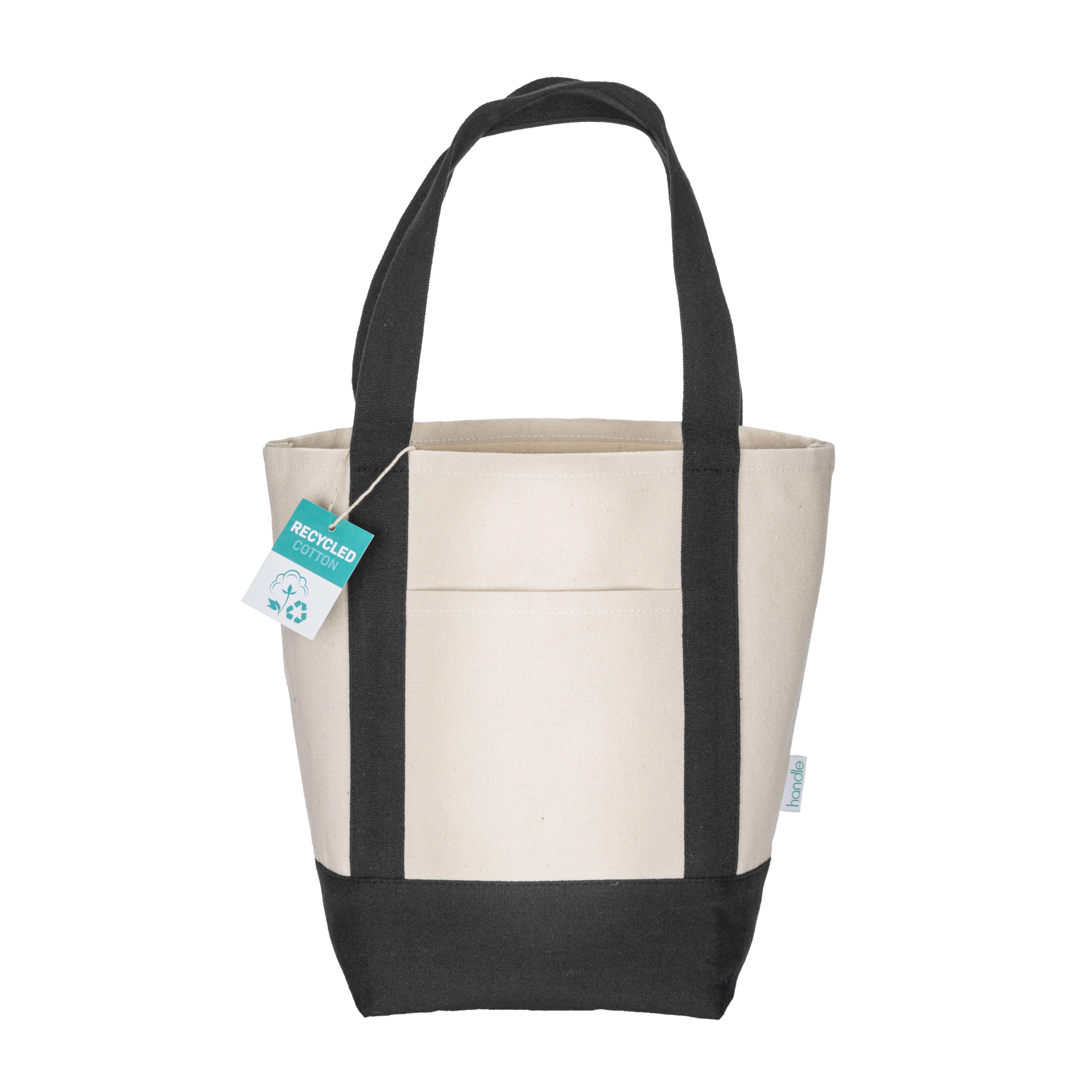 Immagine Mini borsa shopper in cotone riciclato da 340 g/m2 con manici e base colorati. GRS
