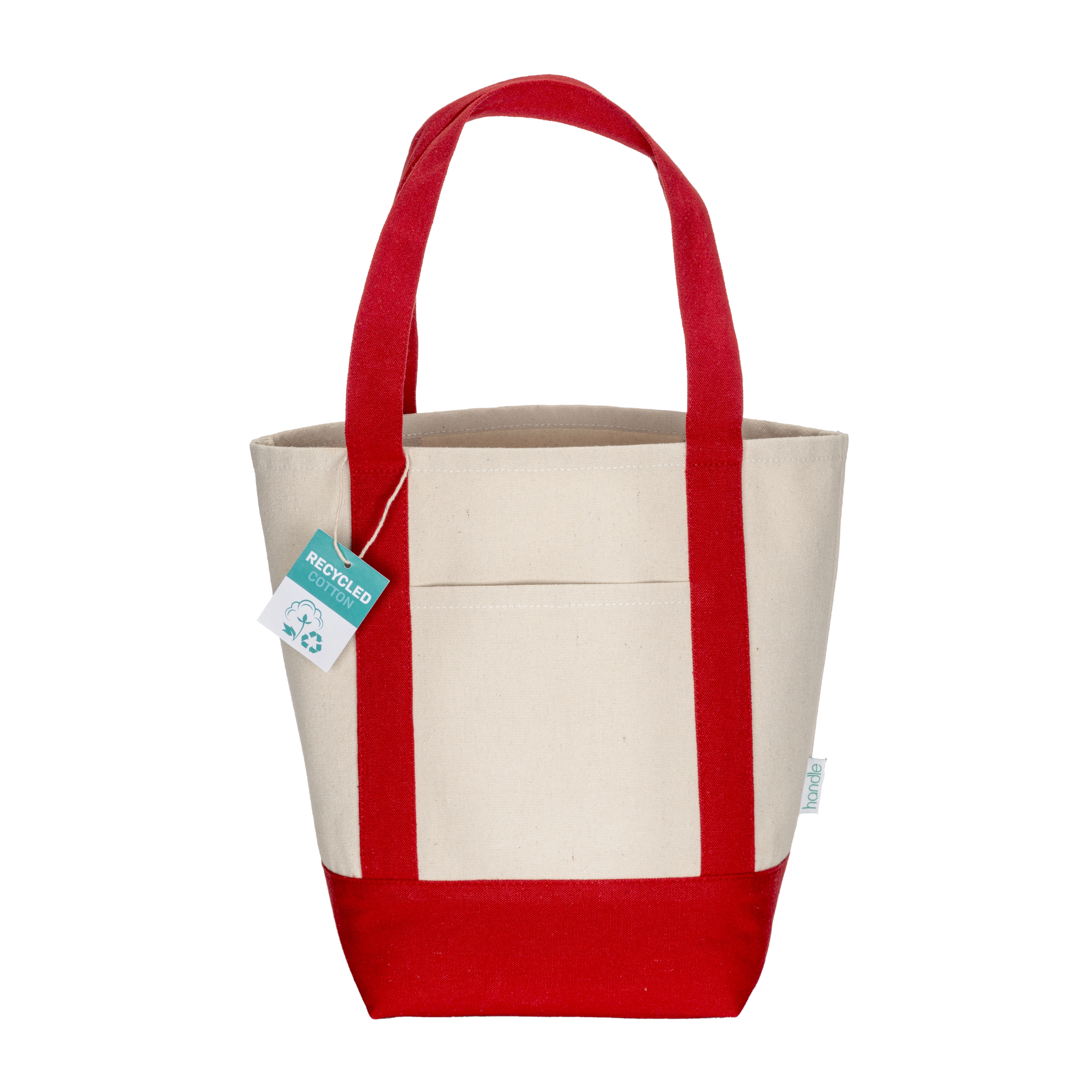 Immagine Mini borsa shopper in cotone riciclato da 340 g/m2 con manici e base colorati. GRS