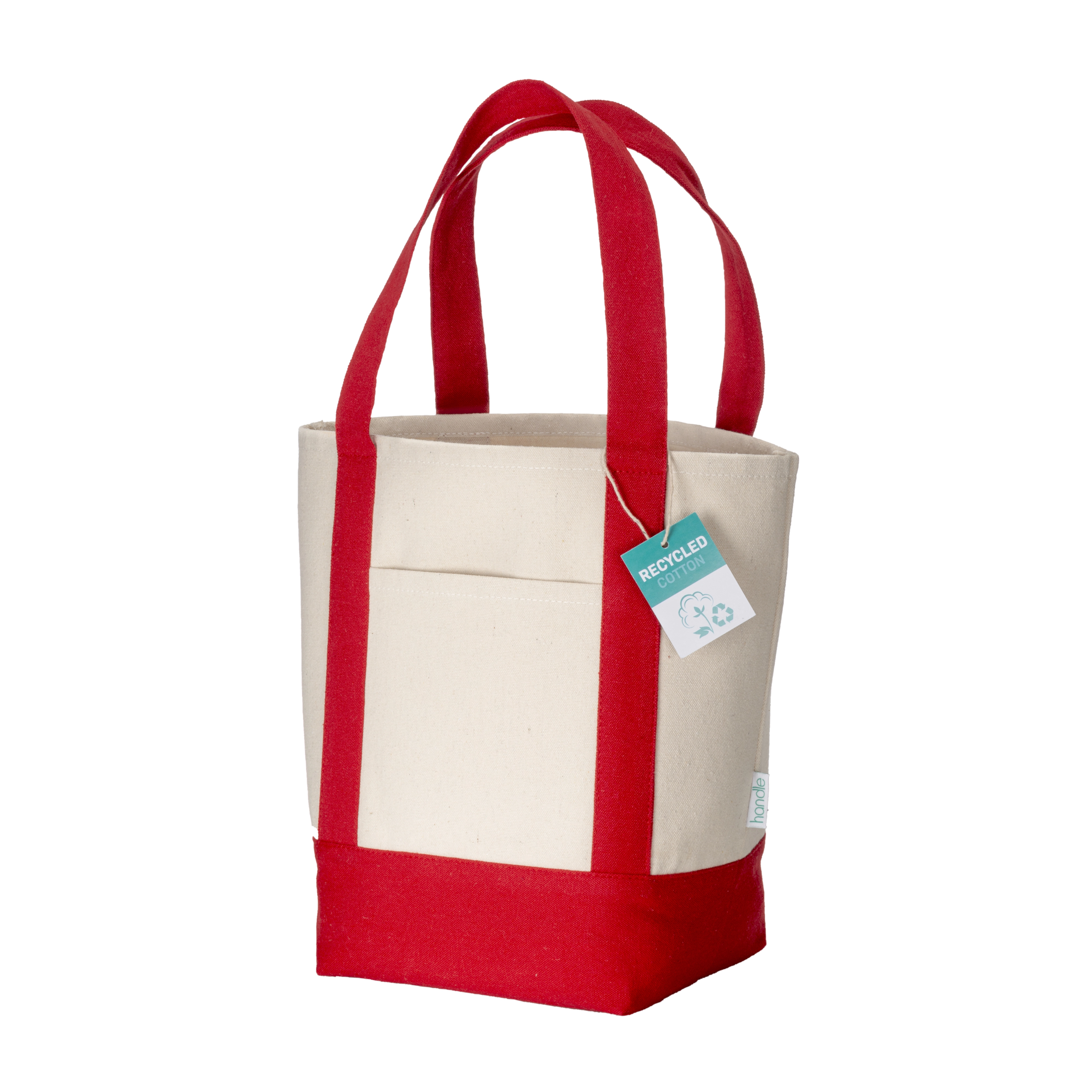 Immagine Mini borsa shopper in cotone riciclato da 340 g/m2 con manici e base colorati. GRS