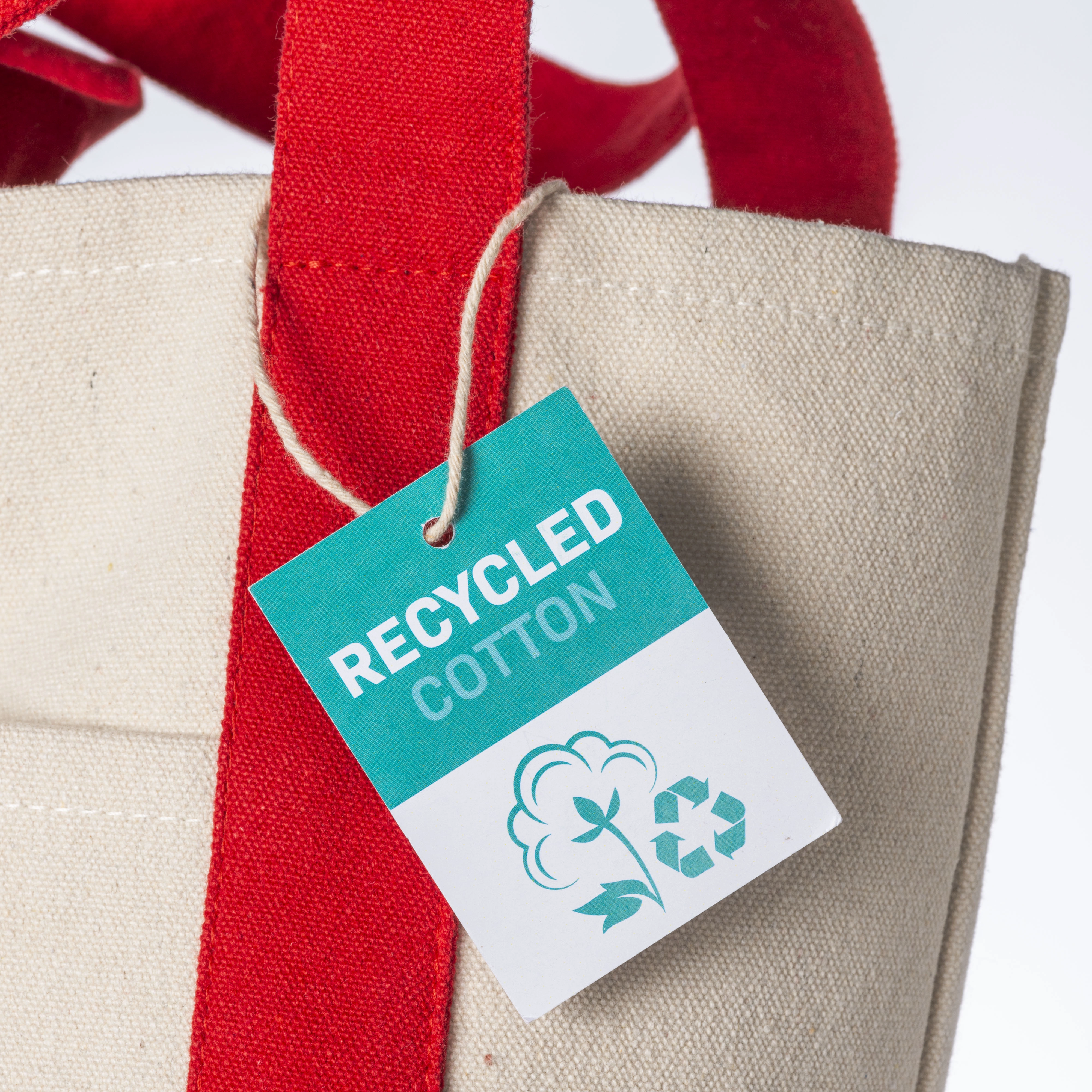 Immagine Mini borsa shopper in cotone riciclato da 340 g/m2 con manici e base colorati. GRS