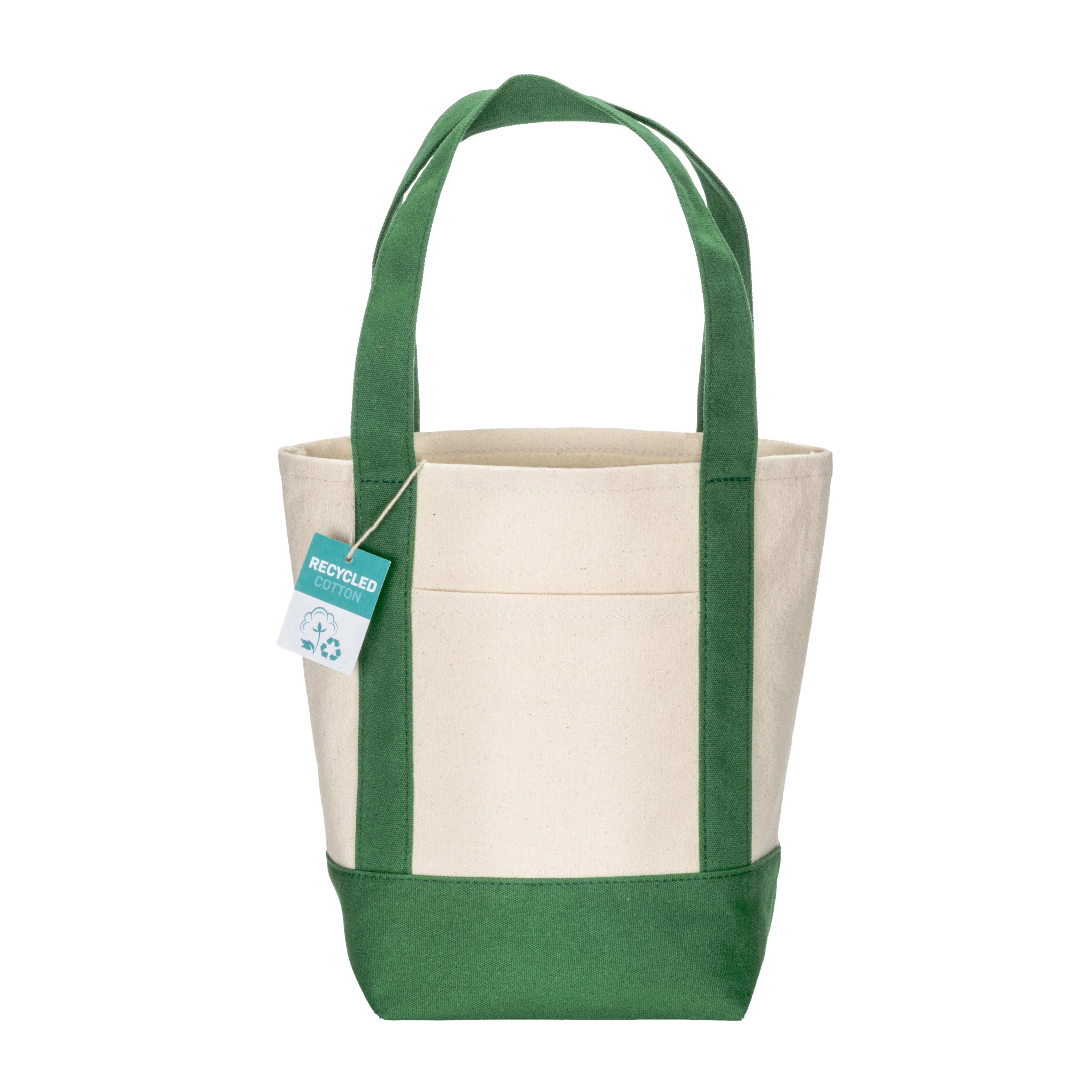 Immagine Mini borsa shopper in cotone riciclato da 340 g/m2 con manici e base colorati. GRS
