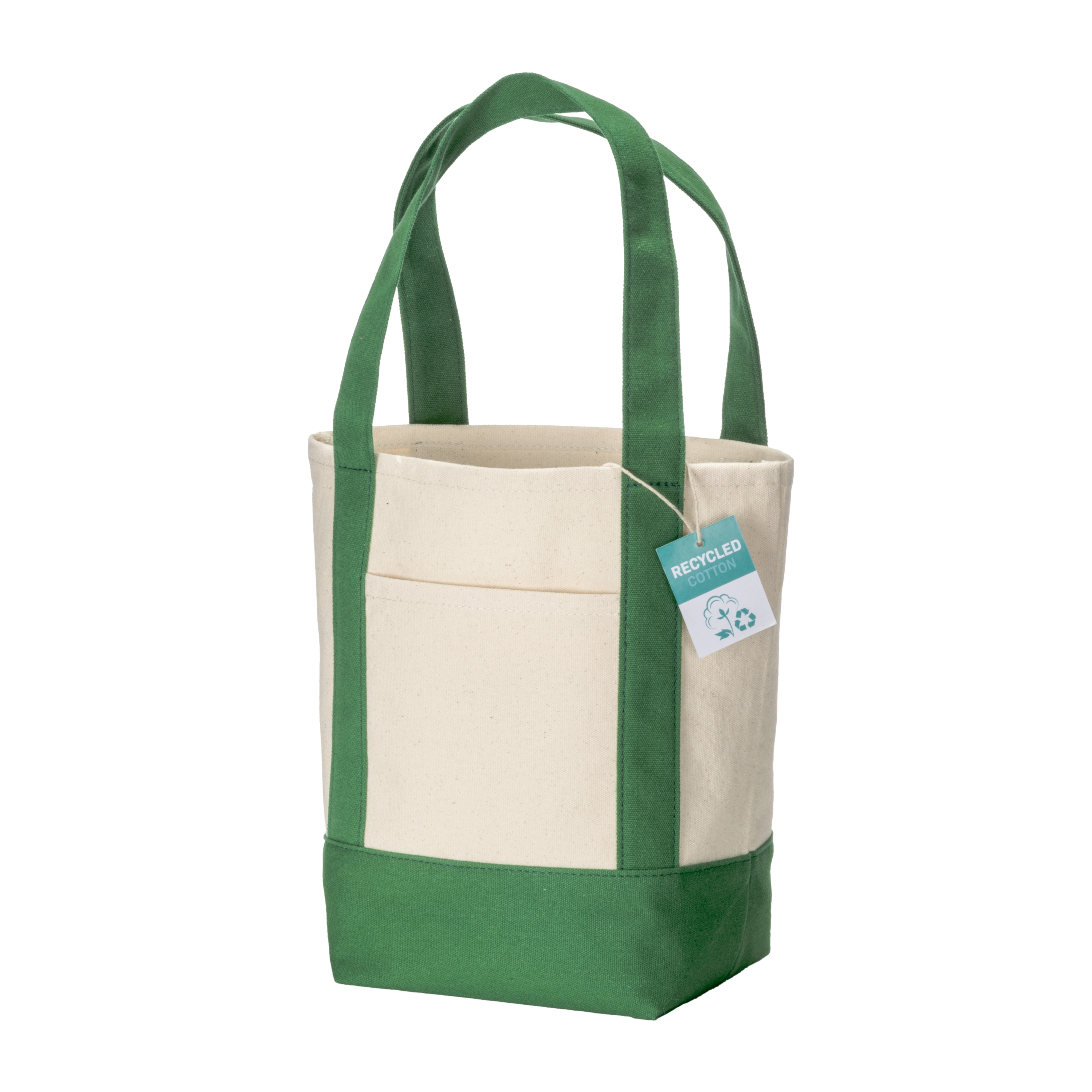Immagine Mini borsa shopper in cotone riciclato da 340 g/m2 con manici e base colorati. GRS