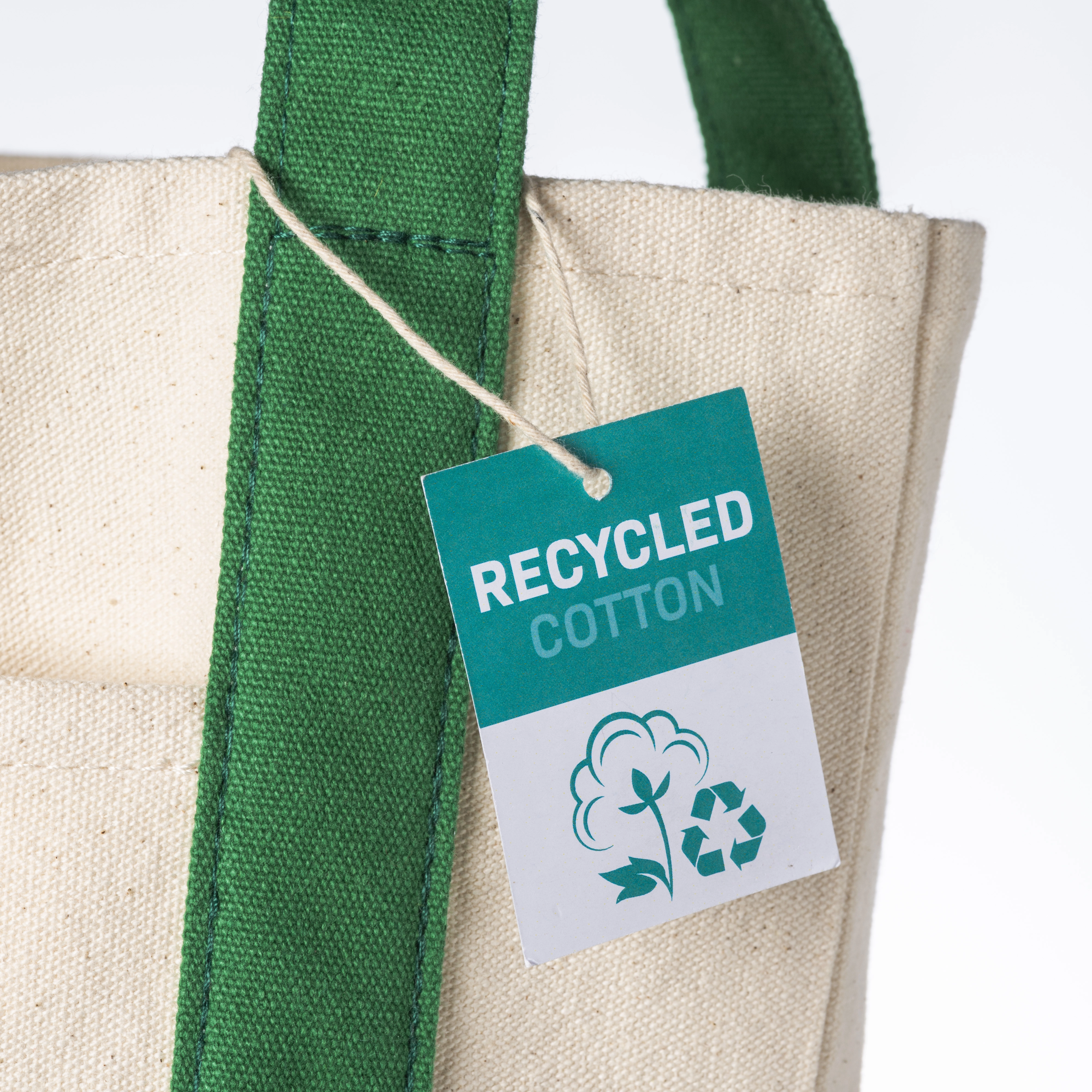 Immagine Mini borsa shopper in cotone riciclato da 340 g/m2 con manici e base colorati. GRS