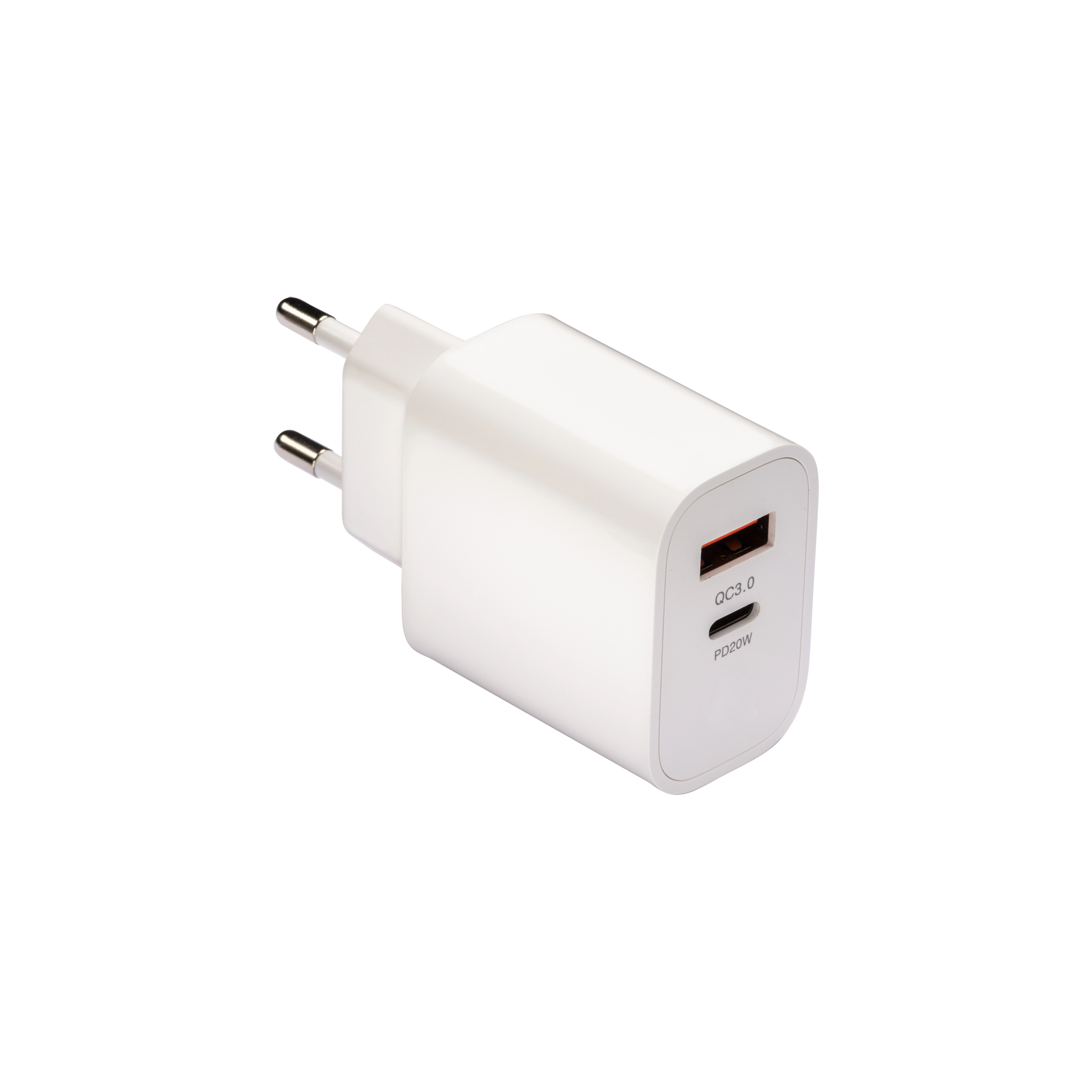 Immagine Caricabatterie USB in ABS con 1 porta USB A e 1 porta USB-C. spina europea a 2 poli