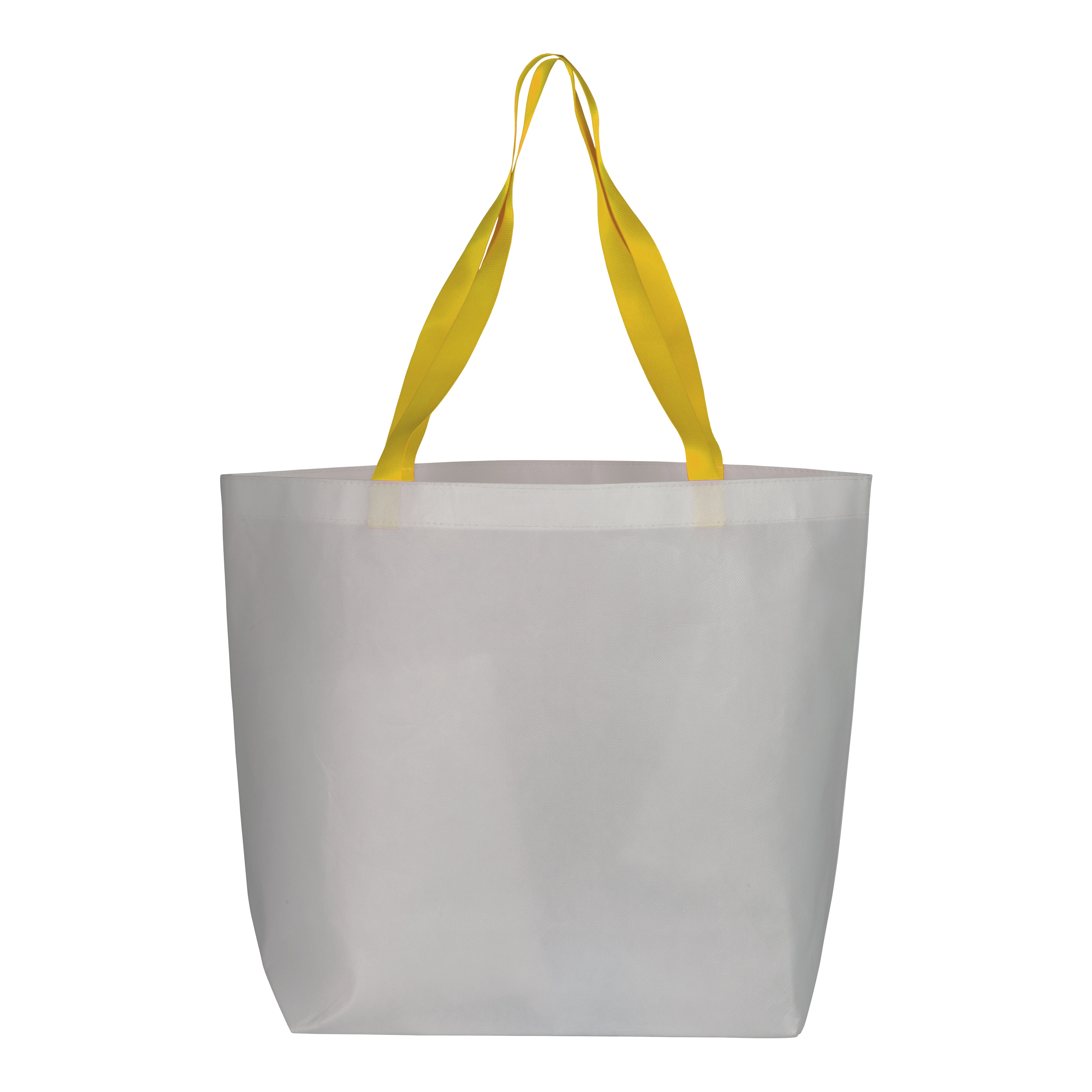 Immagine Shopper con soffietto alla base in TNT laminato 100 g/m2 cucito, manici in colore fluo
