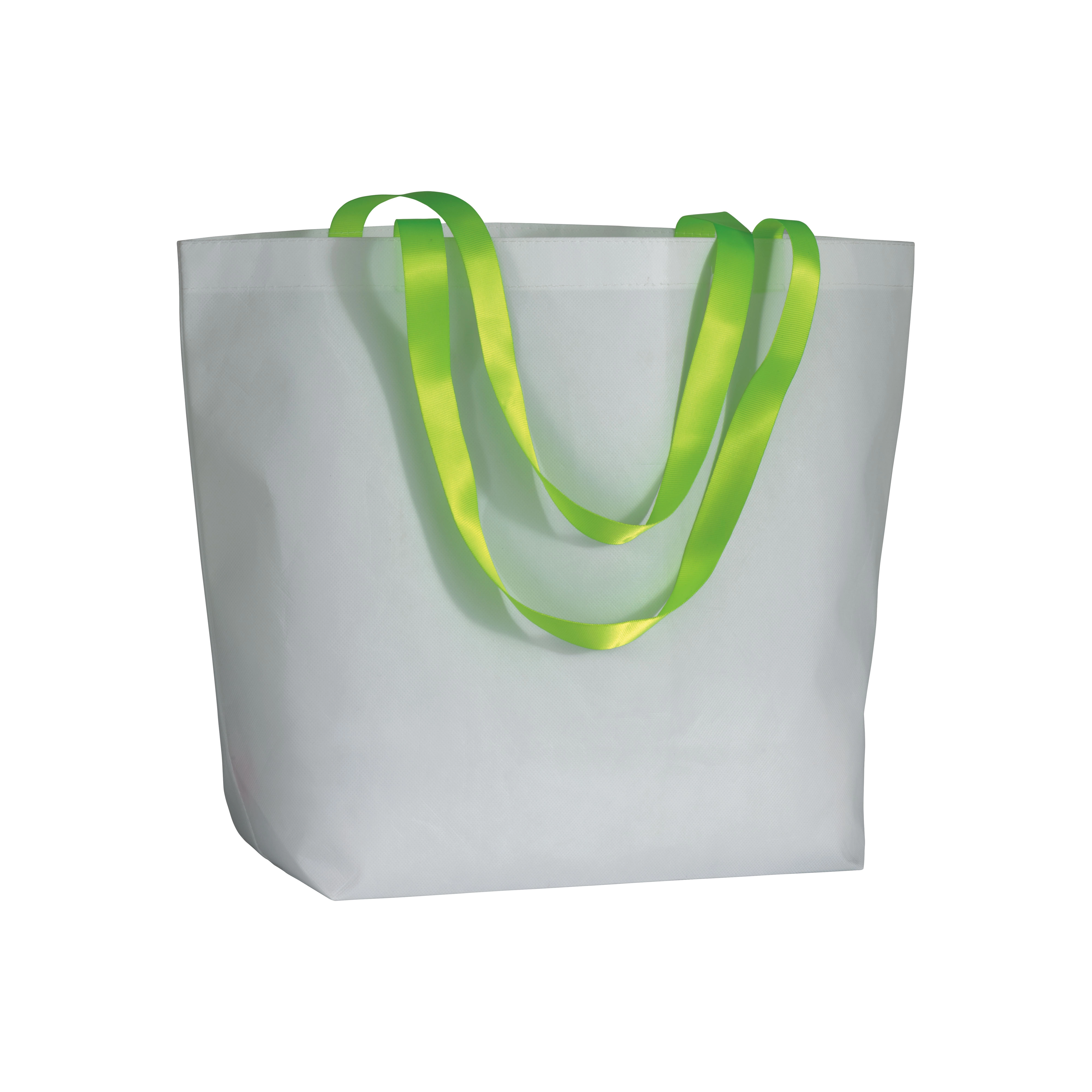Immagine Shopper con soffietto alla base in TNT laminato 100 g/m2 cucito, manici in colore fluo