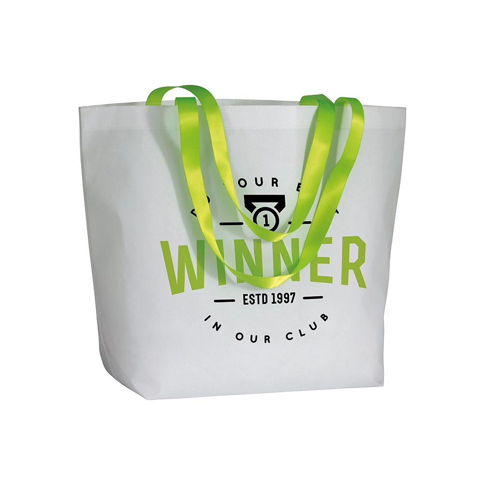 Immagine Shopper con soffietto alla base in TNT laminato 100 g/m2 cucito, manici in colore fluo
