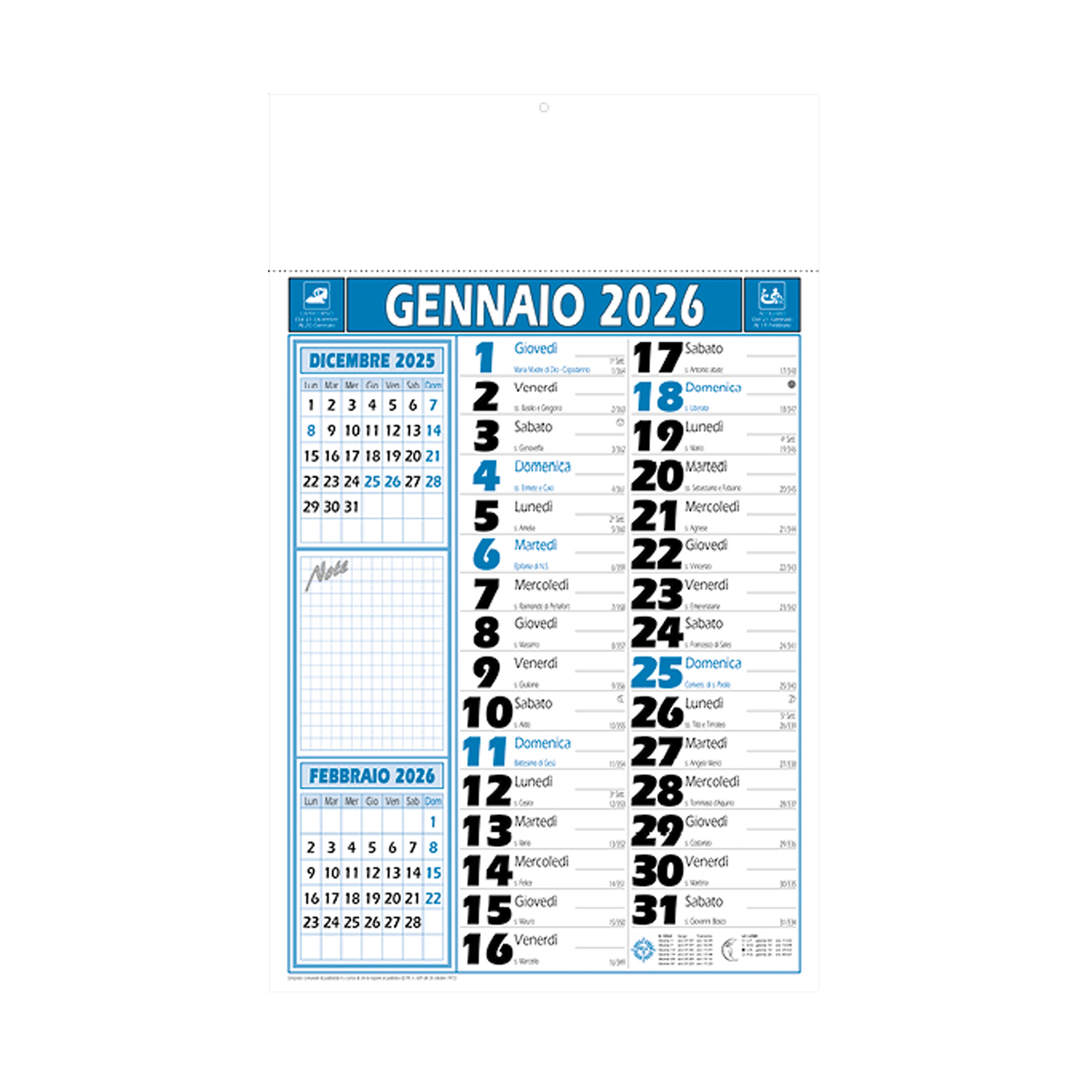 Immagine Calendario 2026 da muro mensile bicolore, 12 fogli, su carta patinata, termosaldato