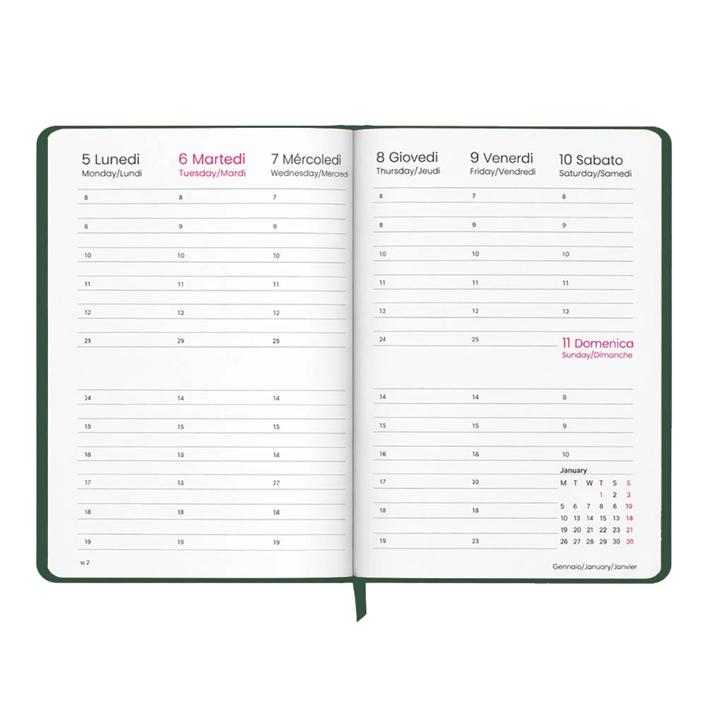 Immagine Agenda settimanale 2027. Copertina rigida in cartoncino laminato opaco.