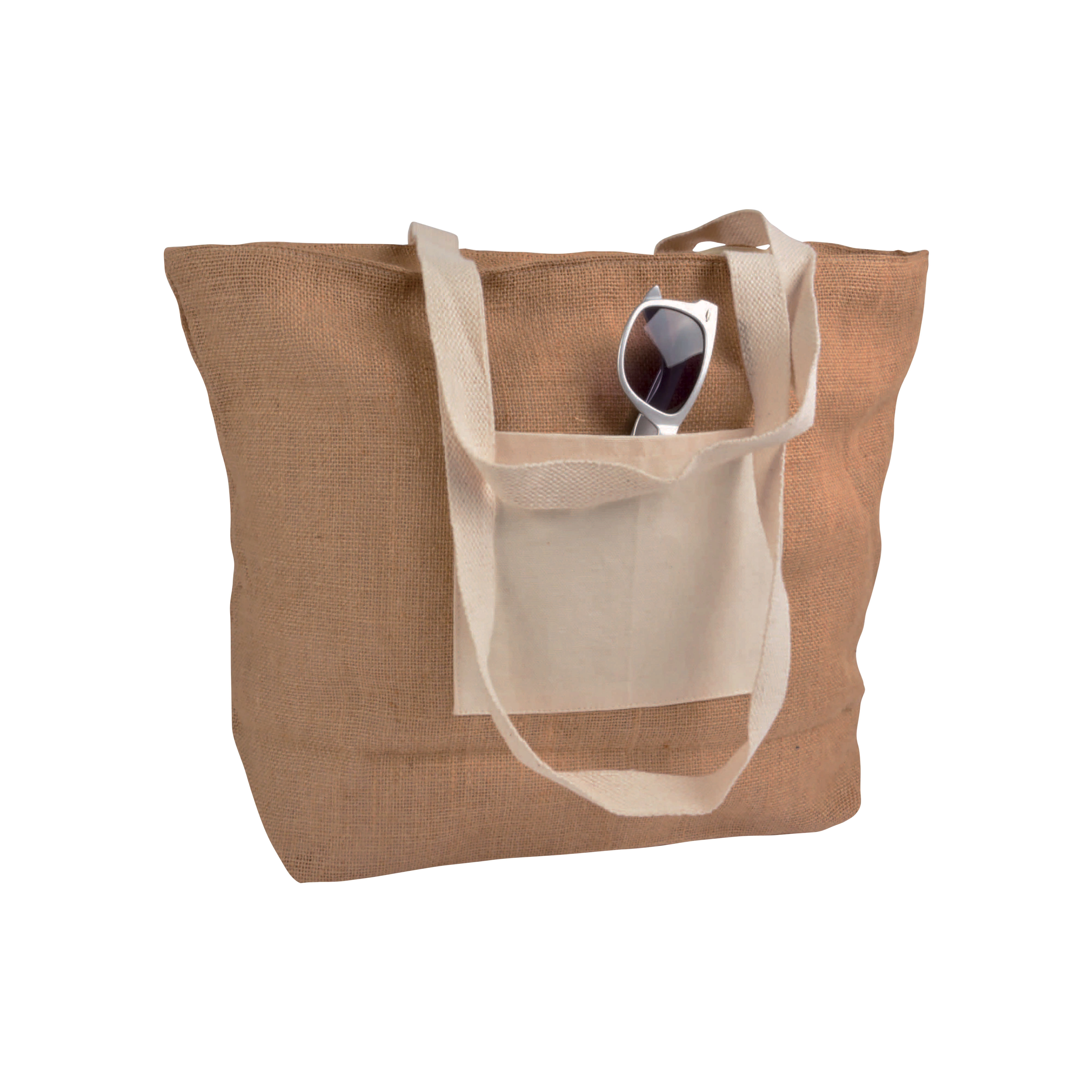 Immagine Shopper con soffietto alla base in juta con manici e tasca esterna (18 x 15 cm) in cotone