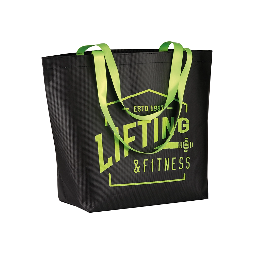Immagine Shopper con soffietto alla base in TNT laminato 100 g/m2 cucito, manici in colore fluo