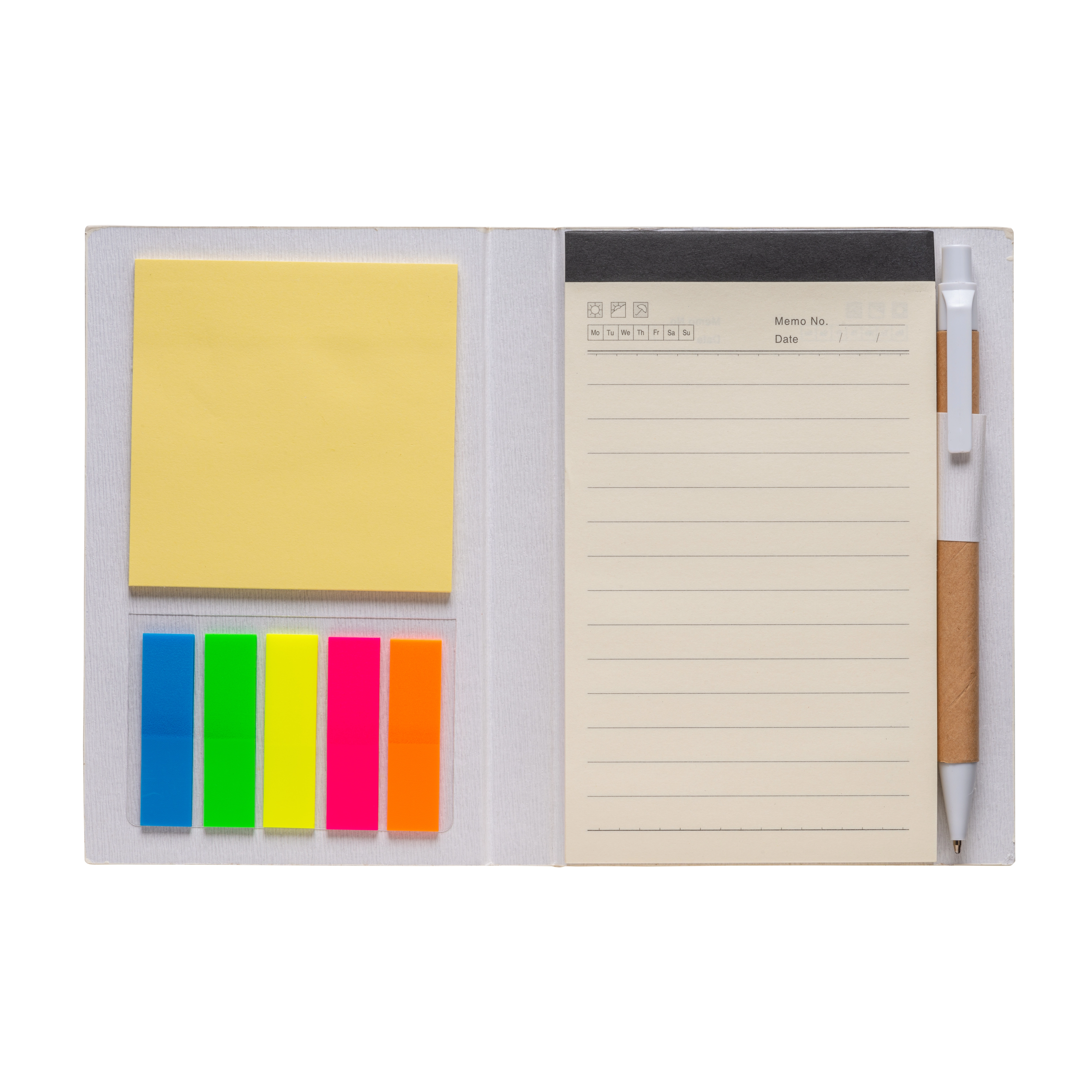 Immagine Block Notes in cartoncino con elastico colorato, penna, fogli a righe (70 pag.) e fogliett