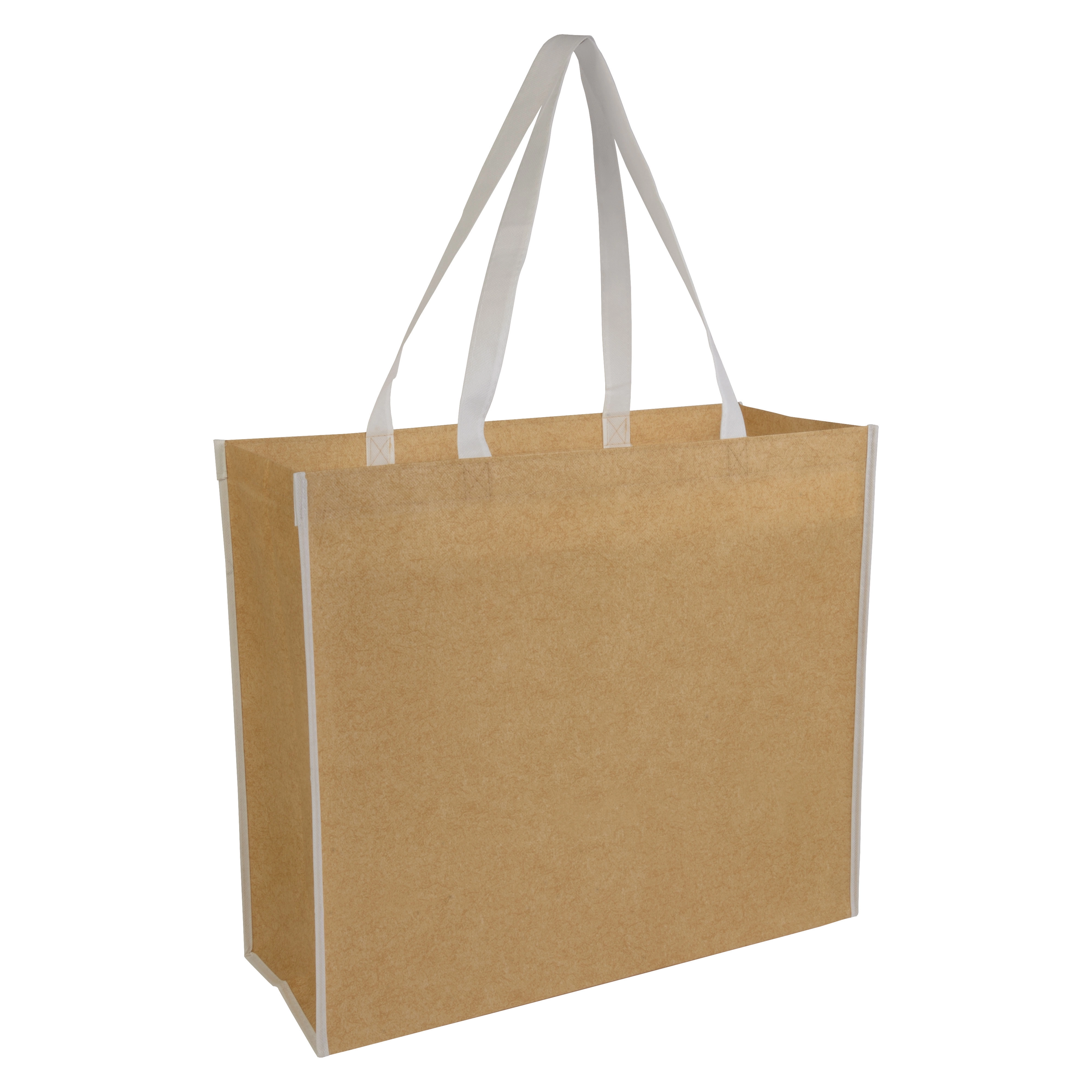 Immagine Shopper con soffietto in TNT laminato, manici lunghi a nastro colorati