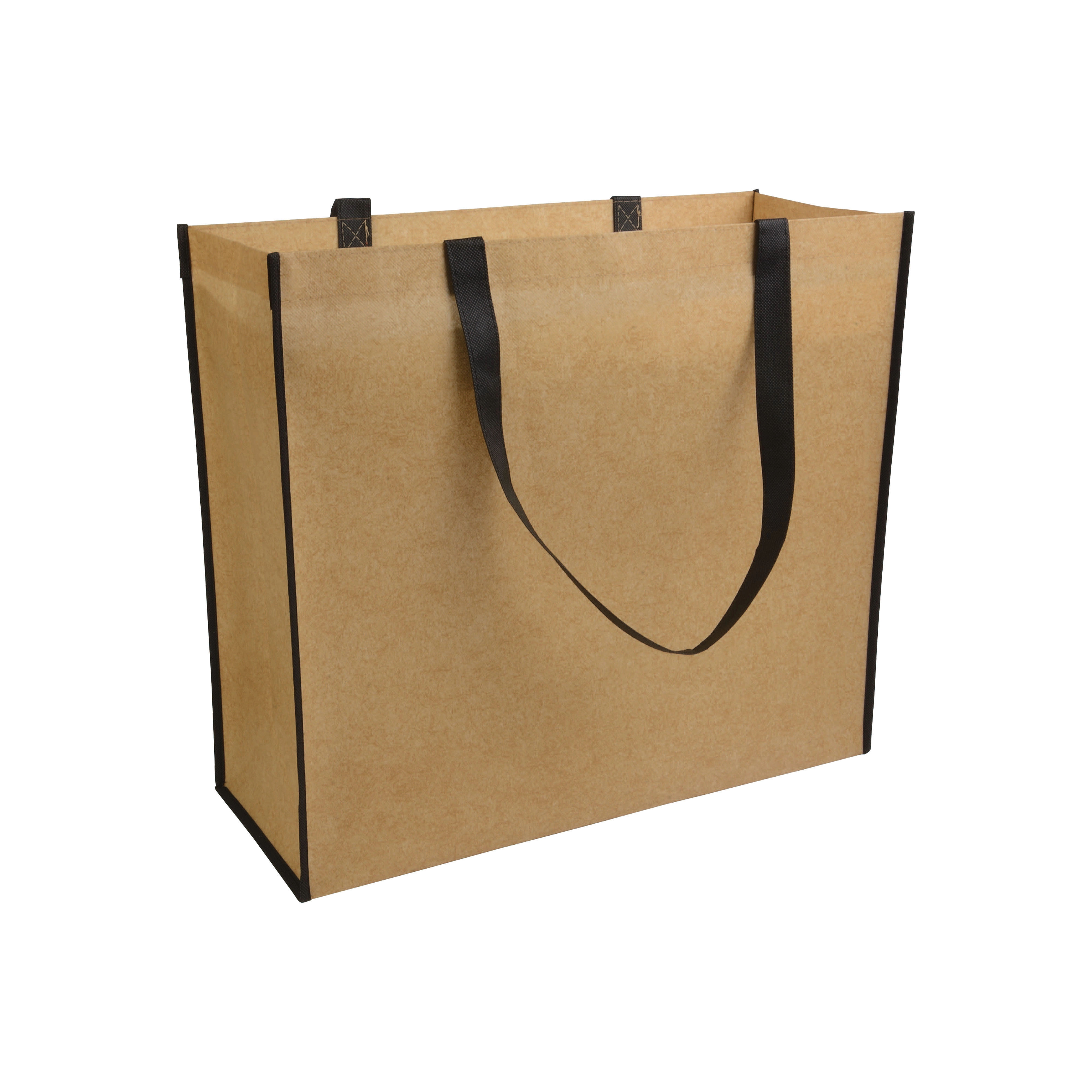 Immagine Shopper con soffietto in TNT laminato, manici lunghi a nastro colorati