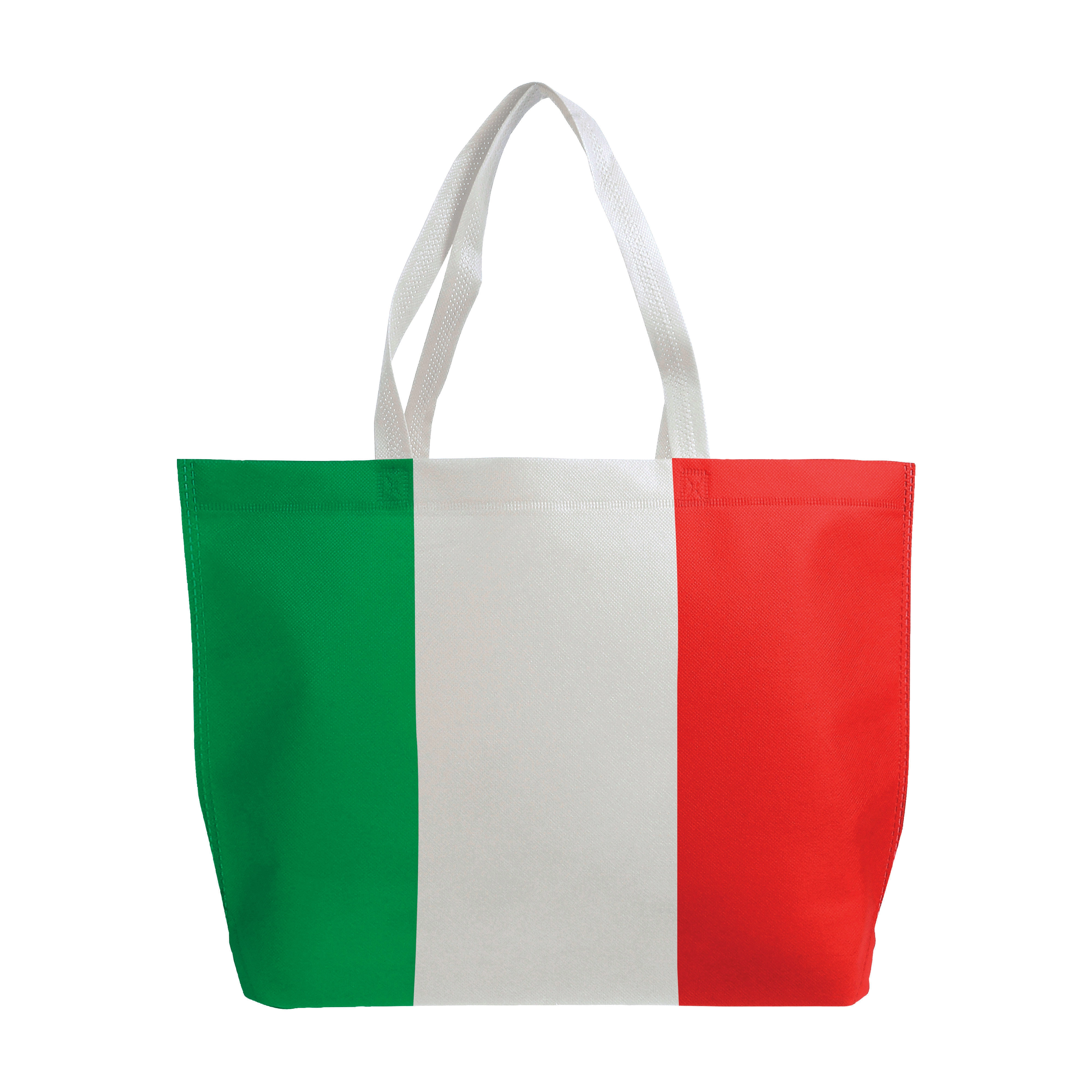 Immagine Shopper in TNT termosaldato con stampa tricolore, soffietto alla base e manici lunghi