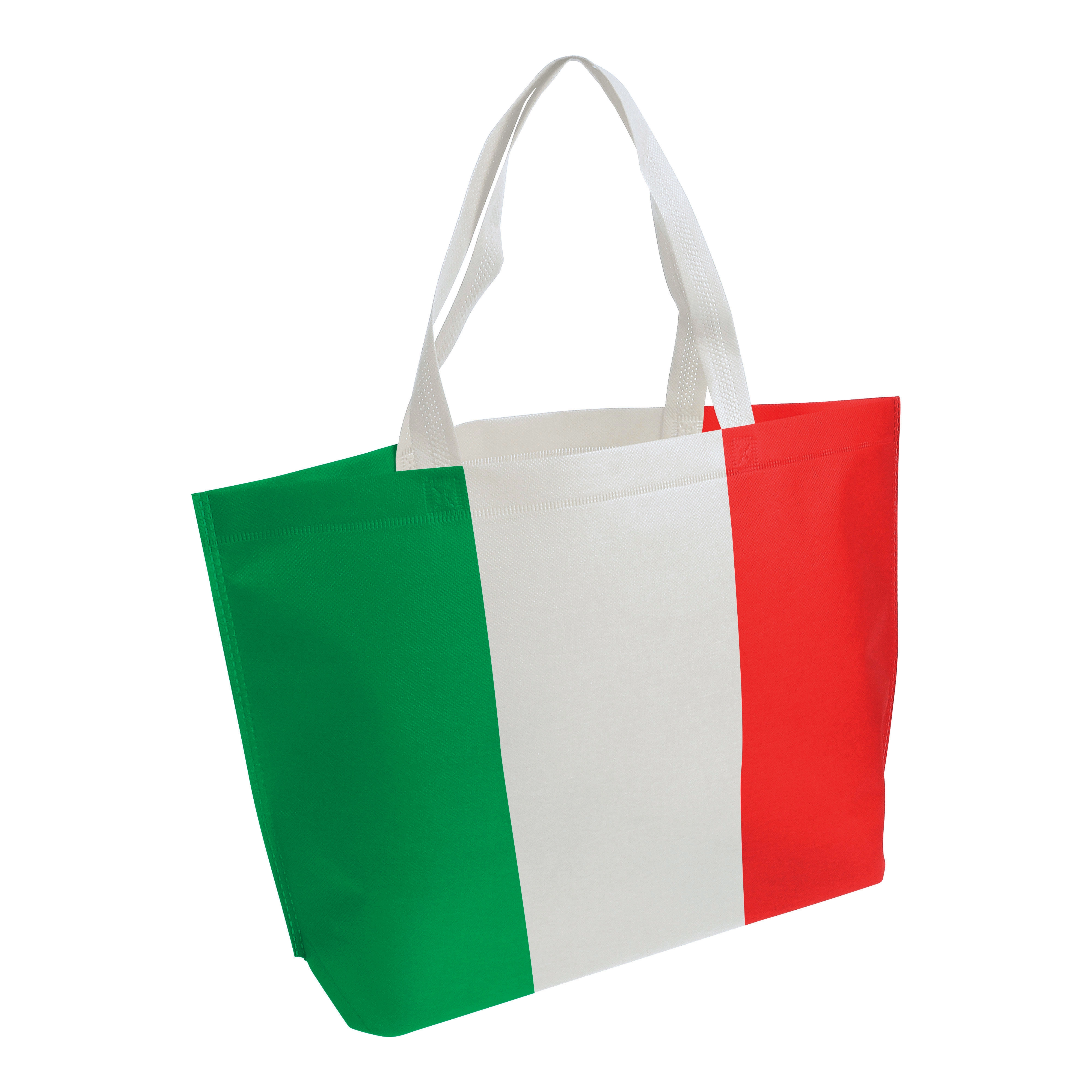 Immagine Shopper in TNT termosaldato con stampa tricolore, soffietto alla base e manici lunghi