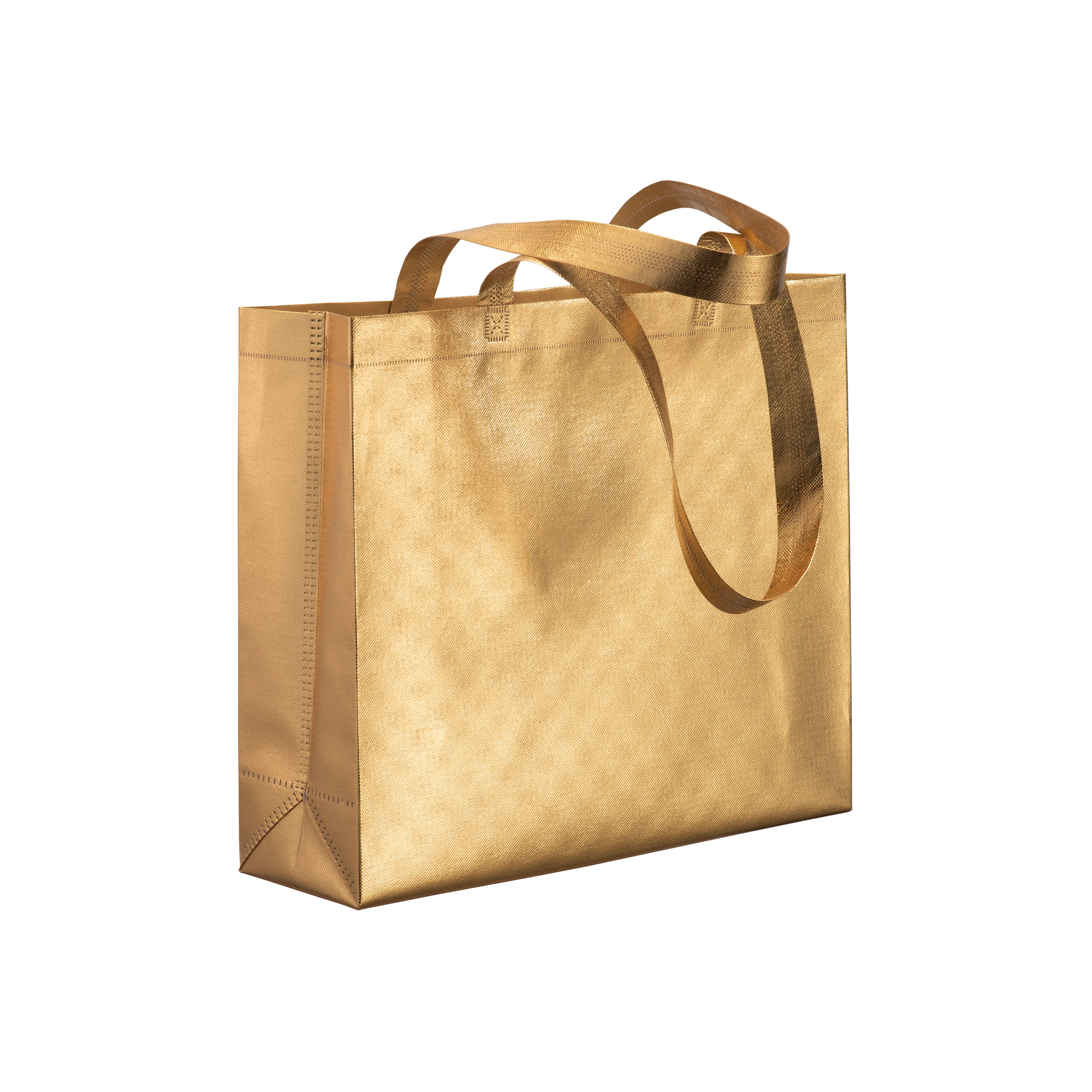 Immagine Shopper in TNT laminato metallizzata, manici lunghi e soffietto