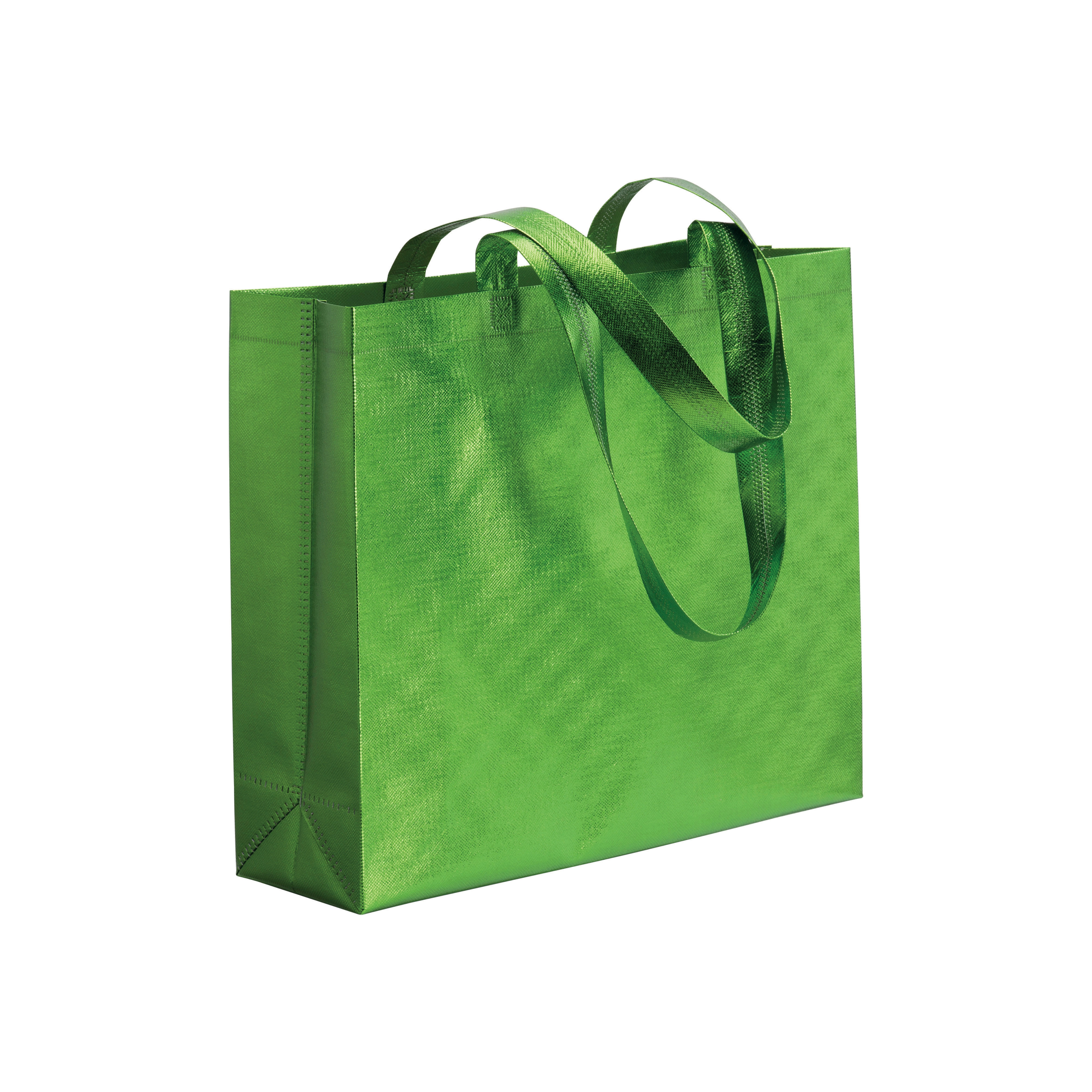 Immagine Shopper in TNT laminato metallizzata, manici lunghi e soffietto