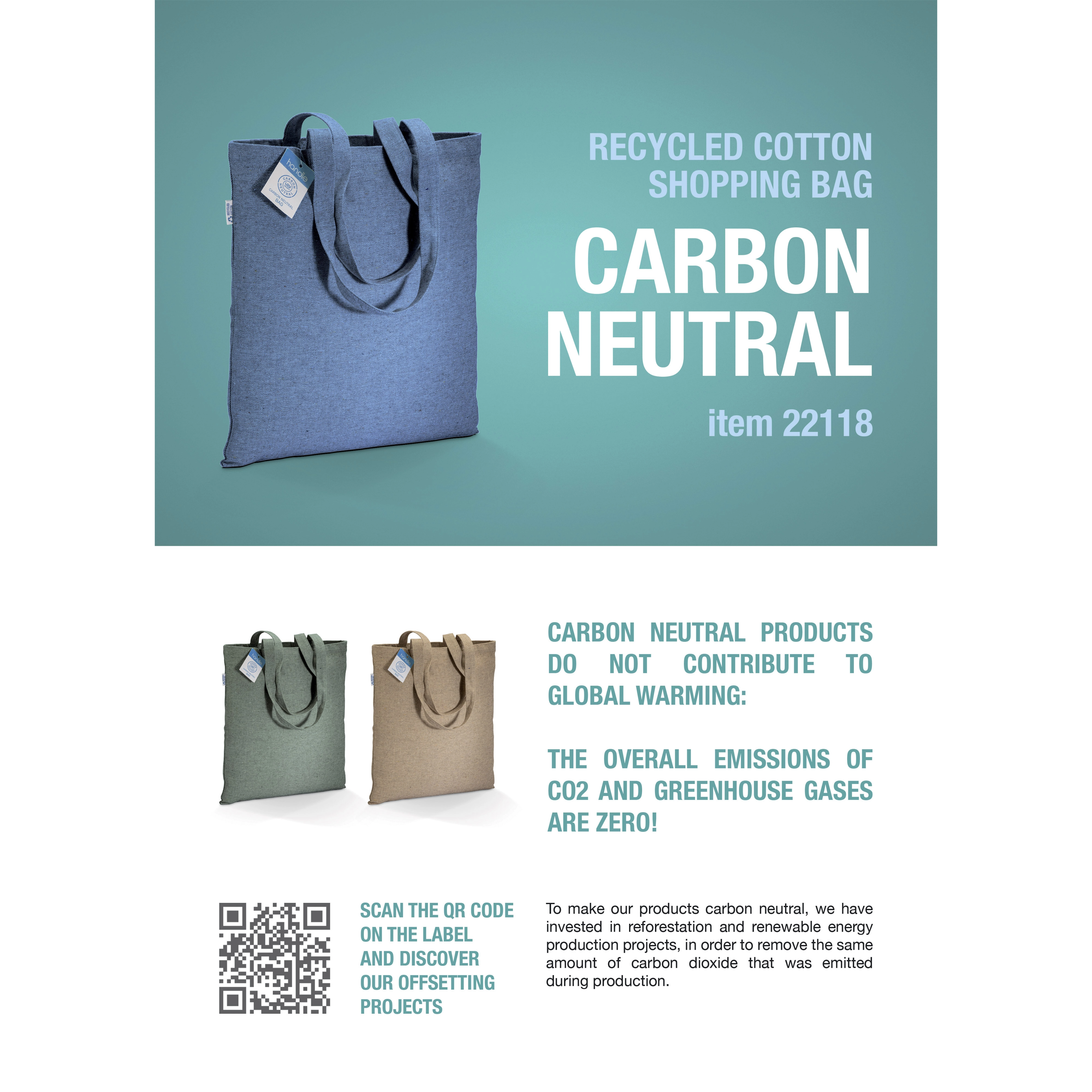 Immagine Shopper carbon neutral in cotone riciclato 280 g/m2, manici lunghi