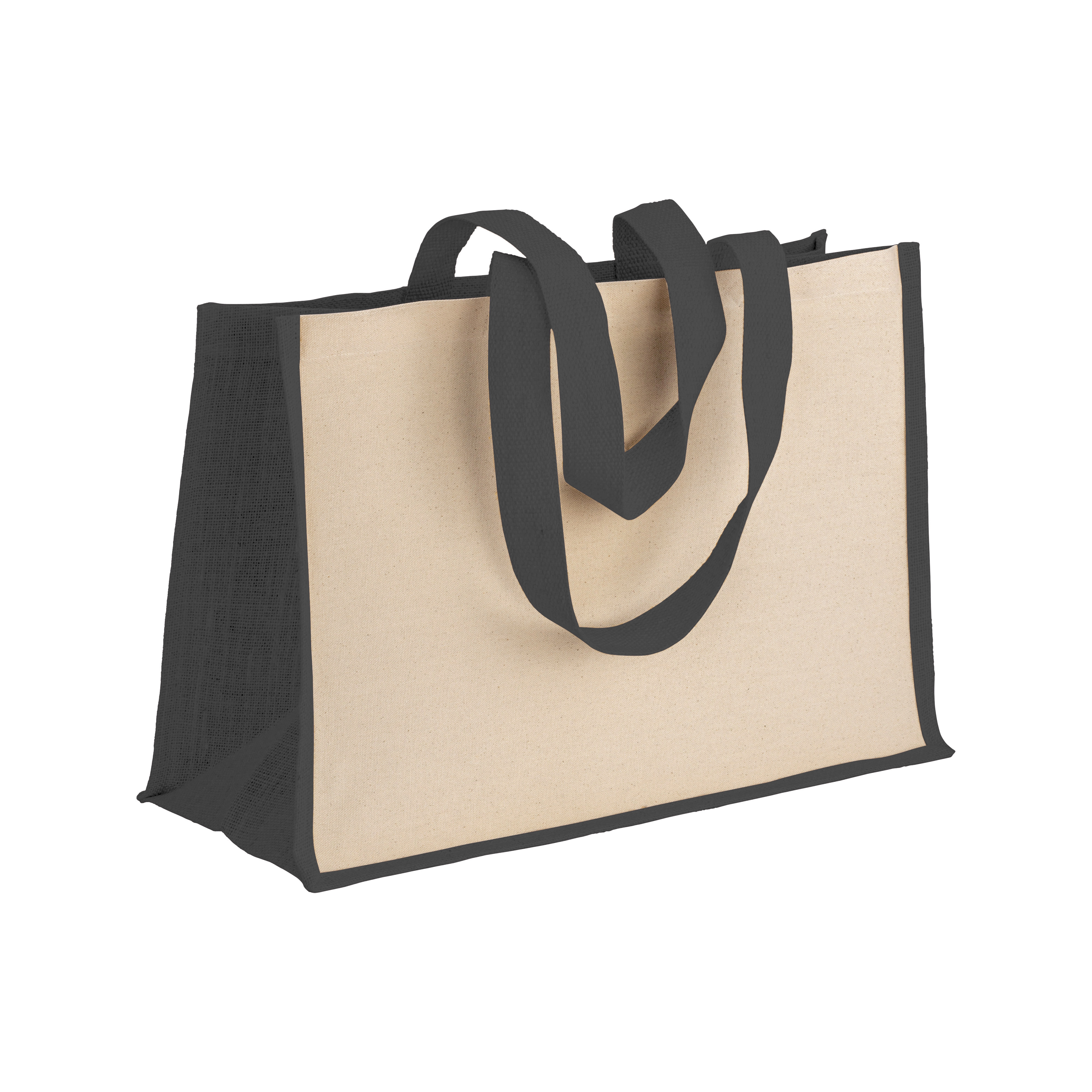 Immagine Shopper in cotone 280 g/m2 con soffietto dettagli in juta, manici lunghi