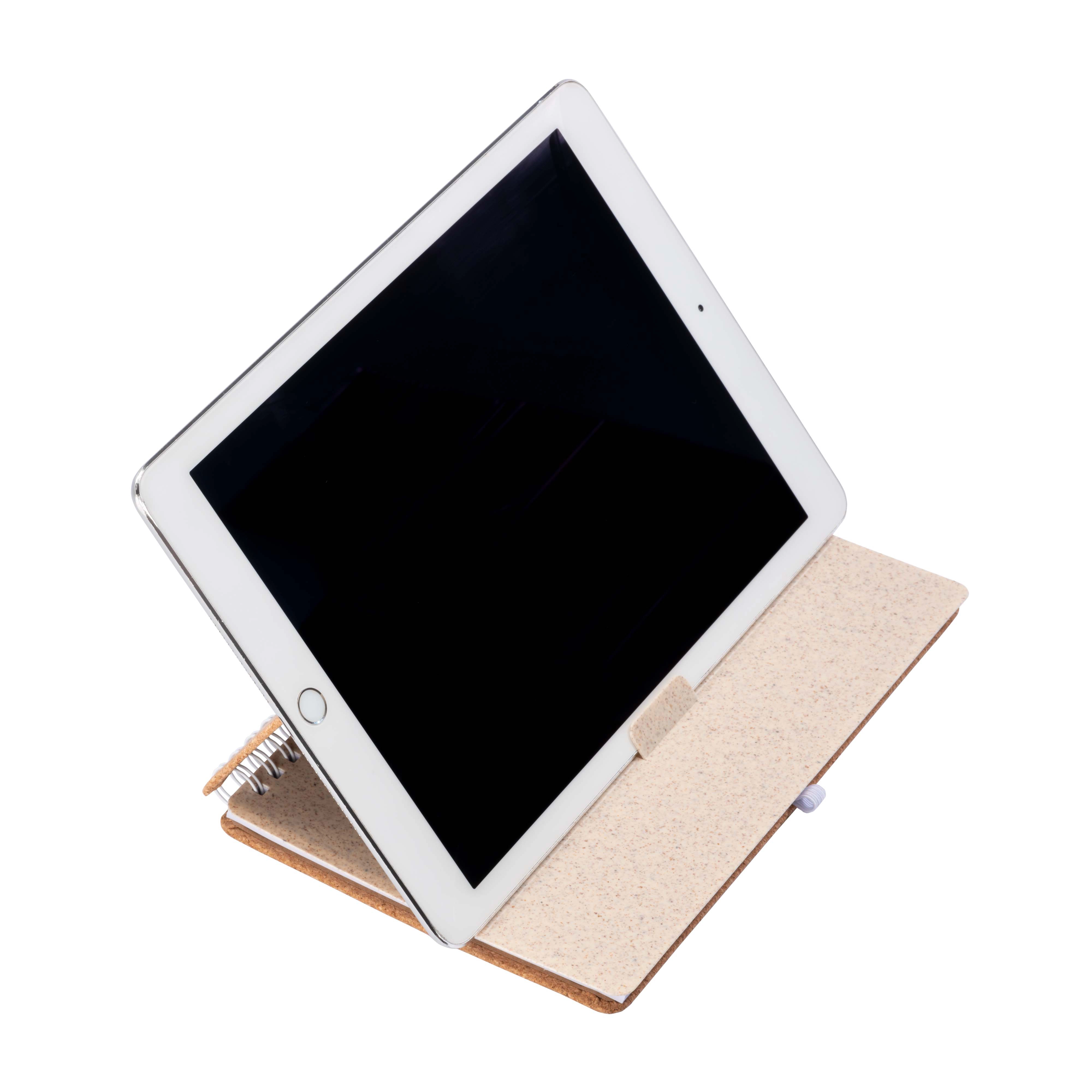 Immagine Quaderno ad anelli in sughero trasformabile in stand portacellulare.