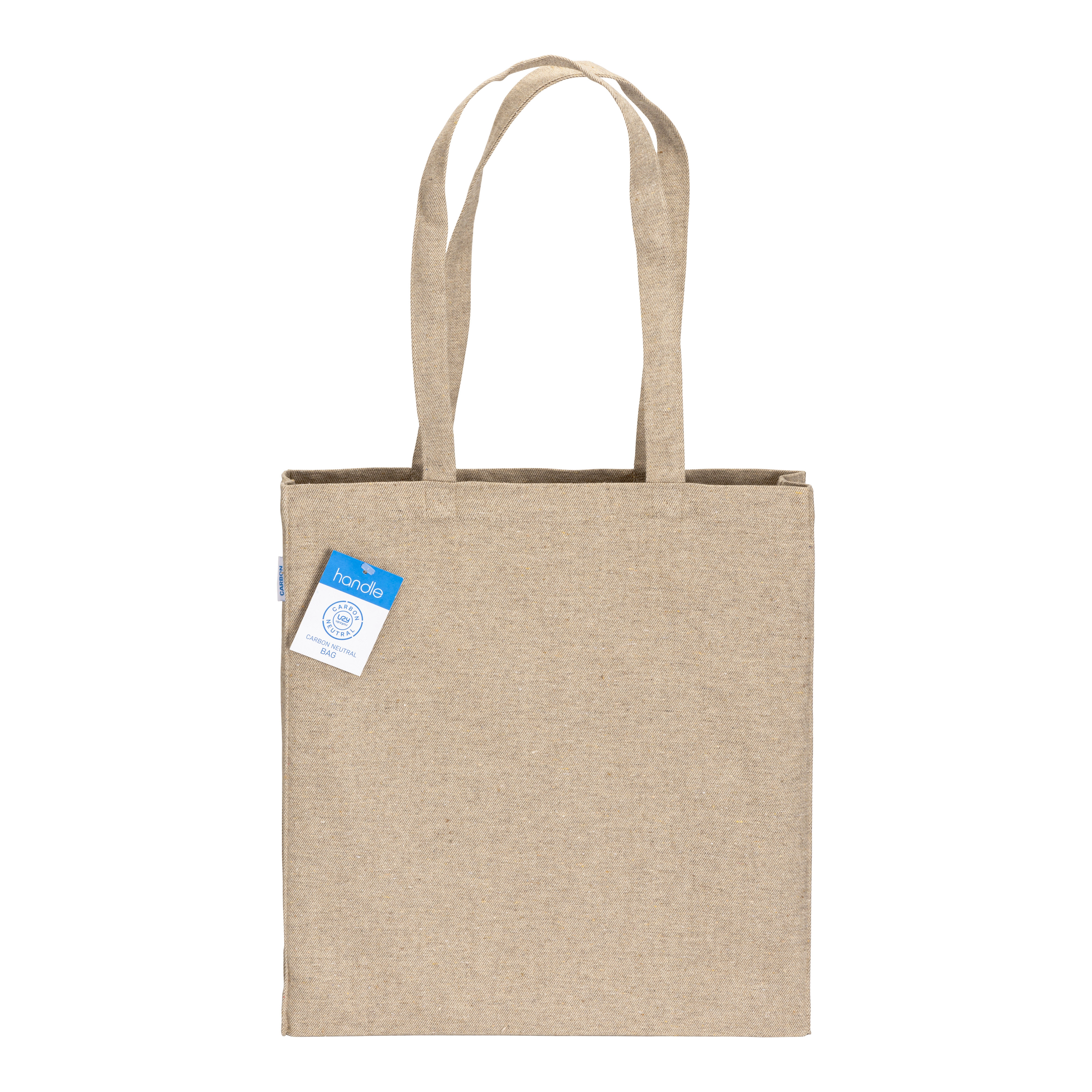Immagine Shopper carbon neutral in cotone riciclato 280 g/m2, manici lunghi e soffietto