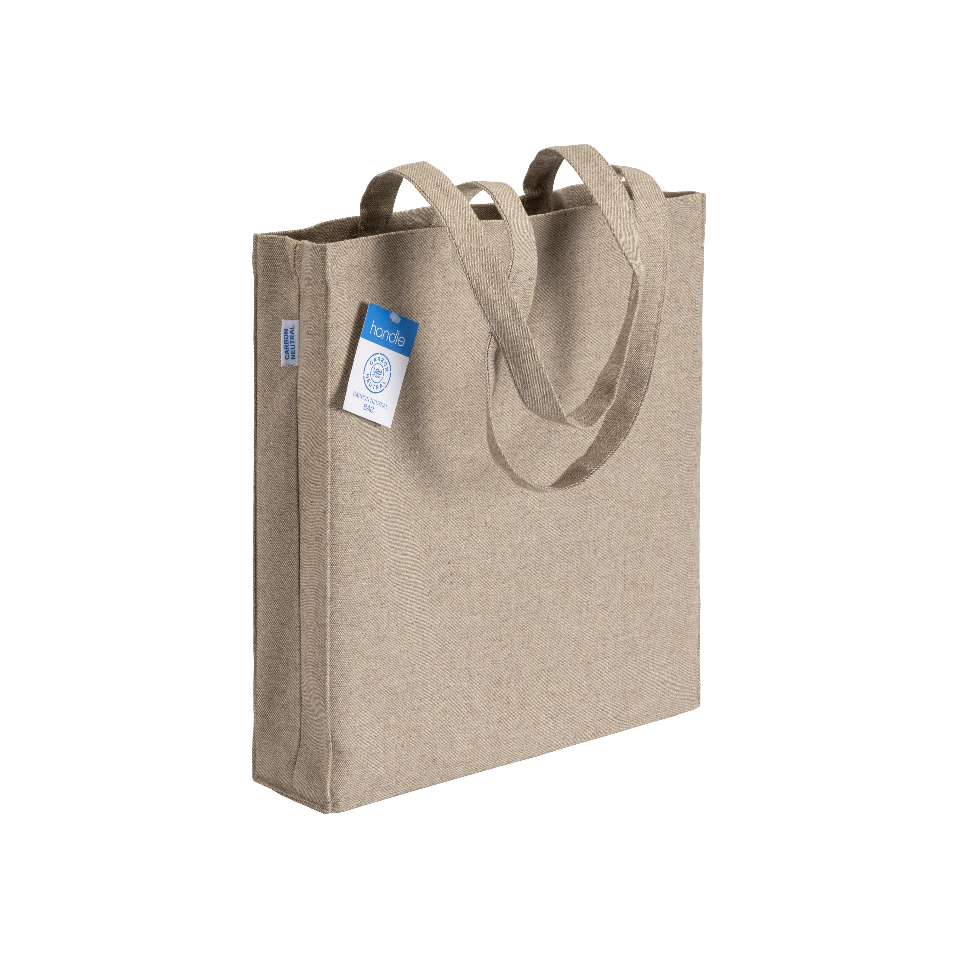 Immagine Shopper carbon neutral in cotone riciclato 280 g/m2, manici lunghi e soffietto