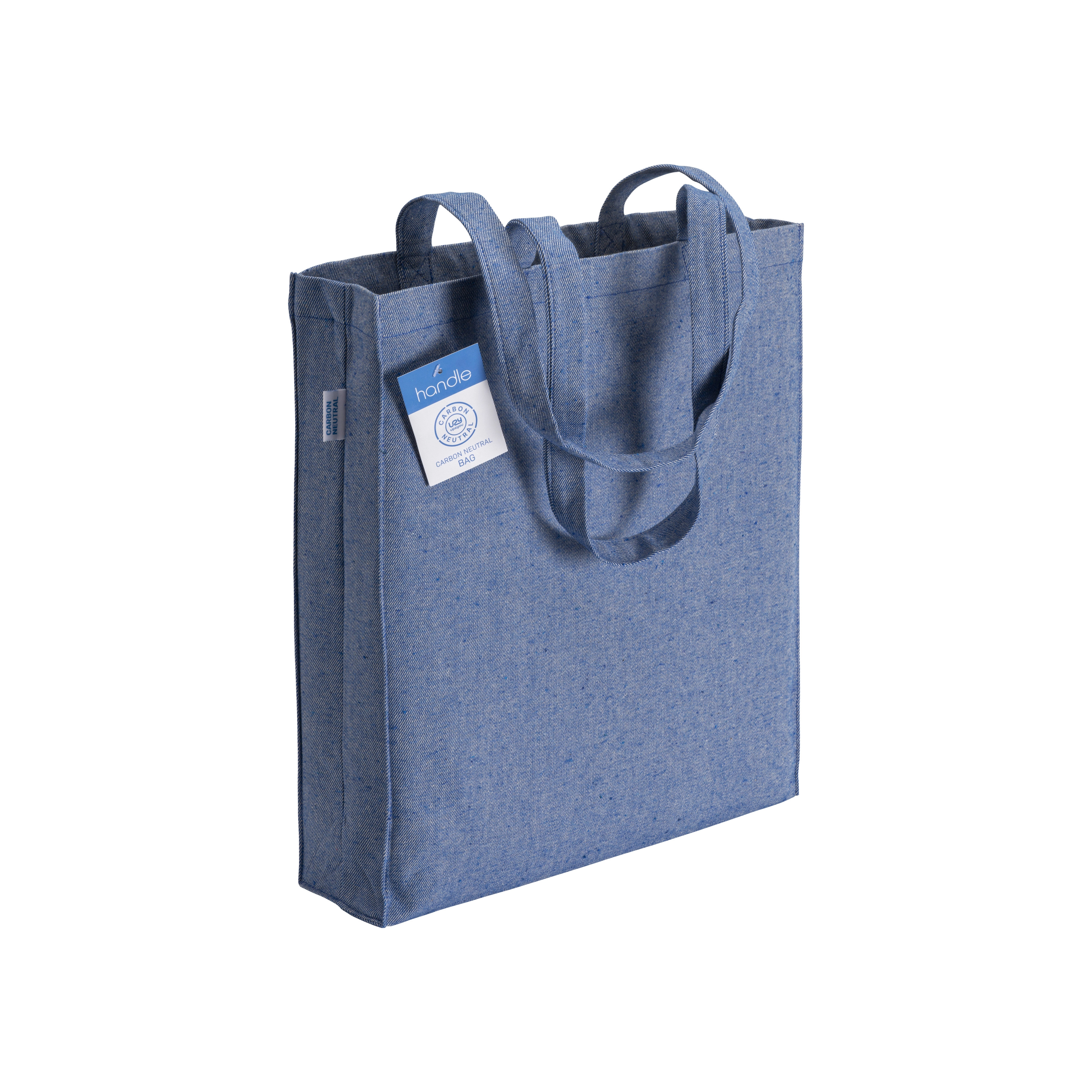 Immagine Shopper carbon neutral in cotone riciclato 280 g/m2, manici lunghi e soffietto