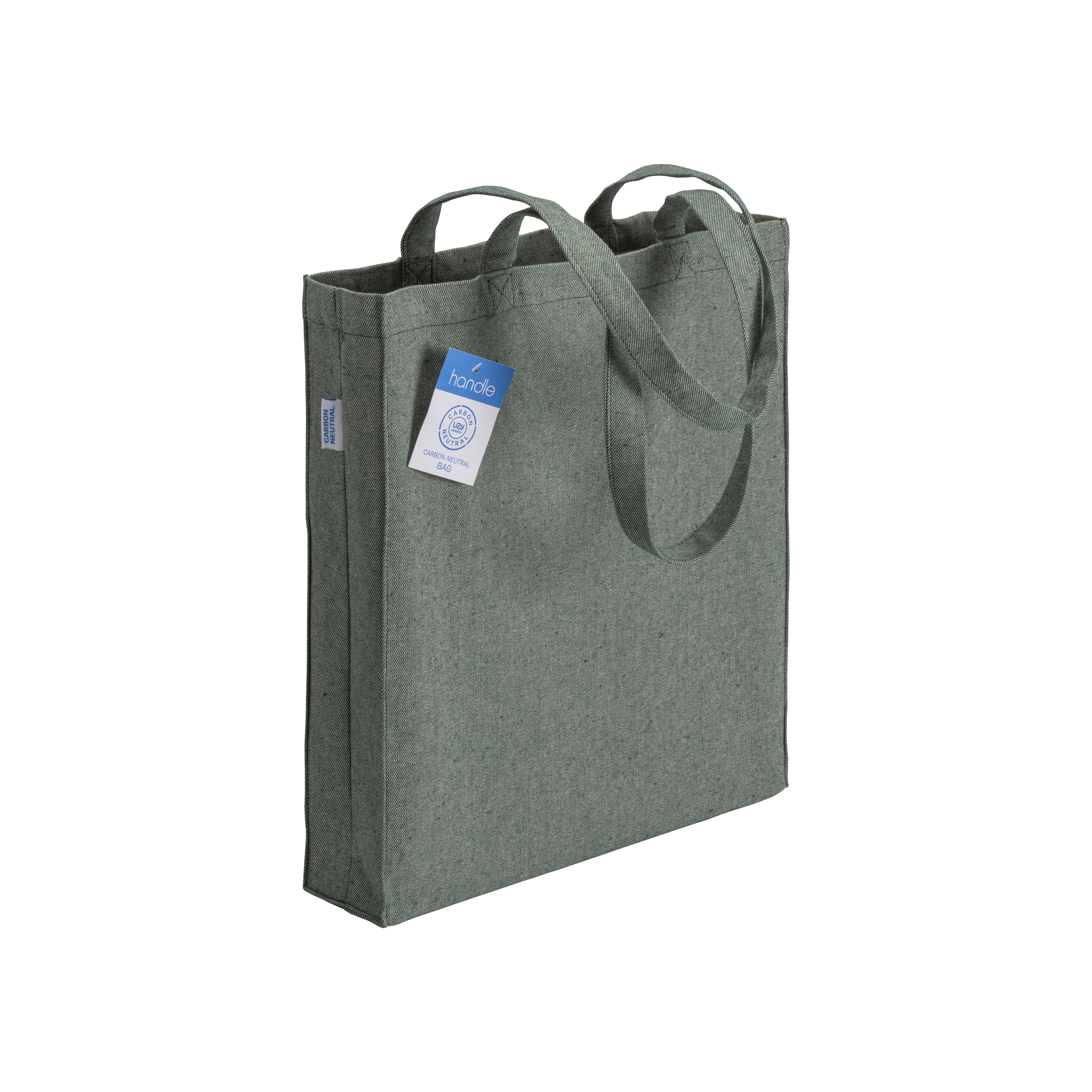 Immagine Shopper carbon neutral in cotone riciclato 280 g/m2, manici lunghi e soffietto