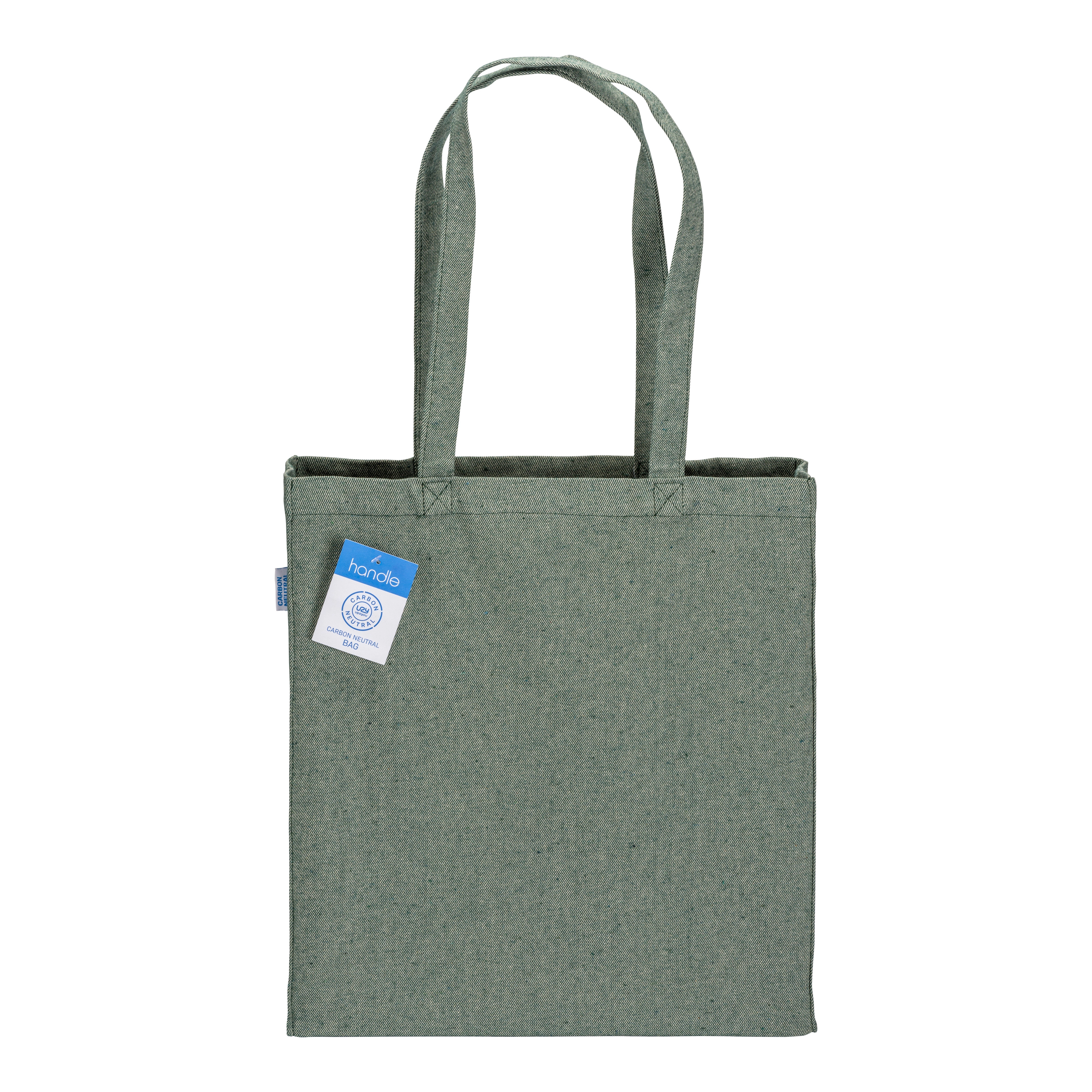 Immagine Shopper carbon neutral in cotone riciclato 280 g/m2, manici lunghi e soffietto