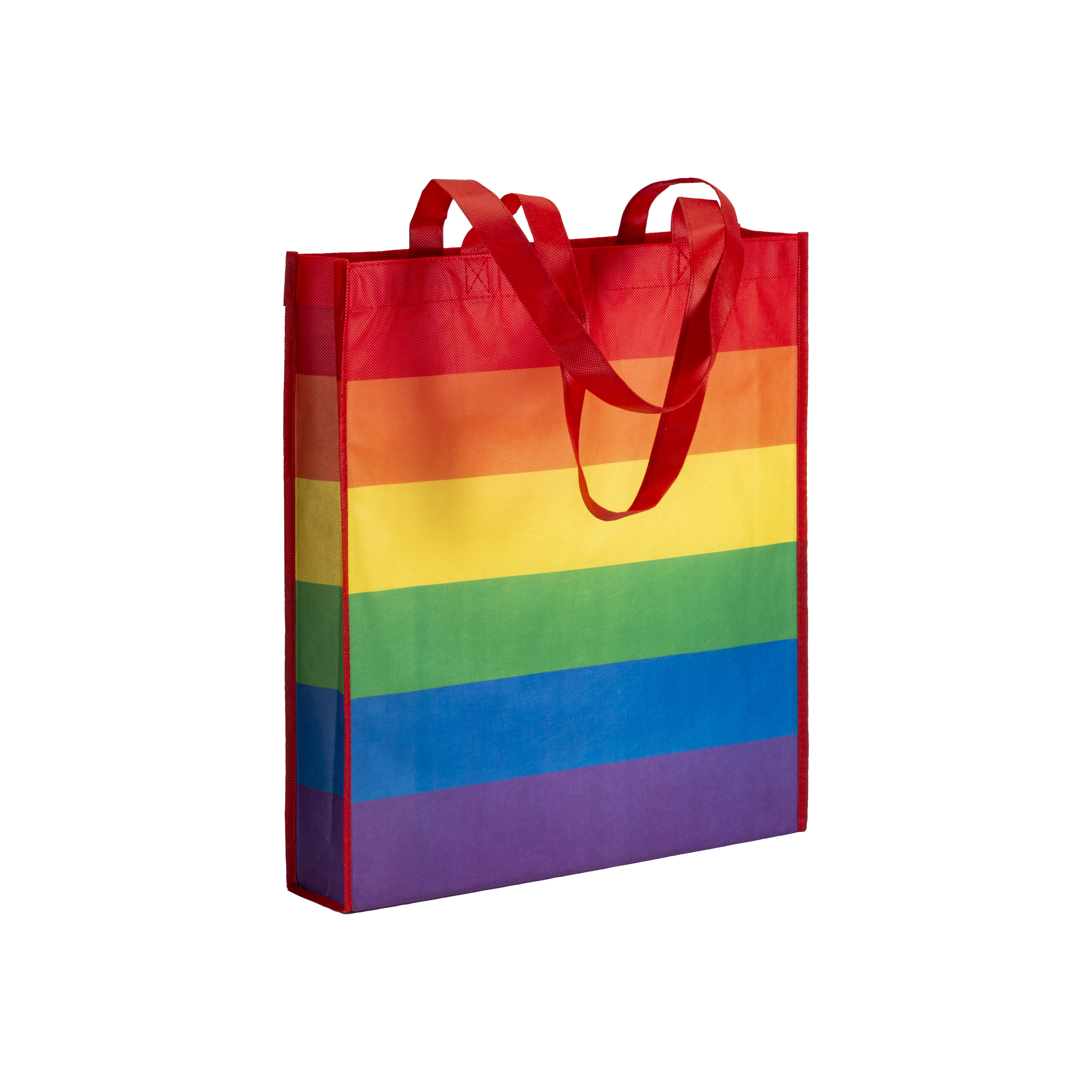 Immagine Shopper arcobaleno in r-pet 80g/m2, manici lunghi e soffietto