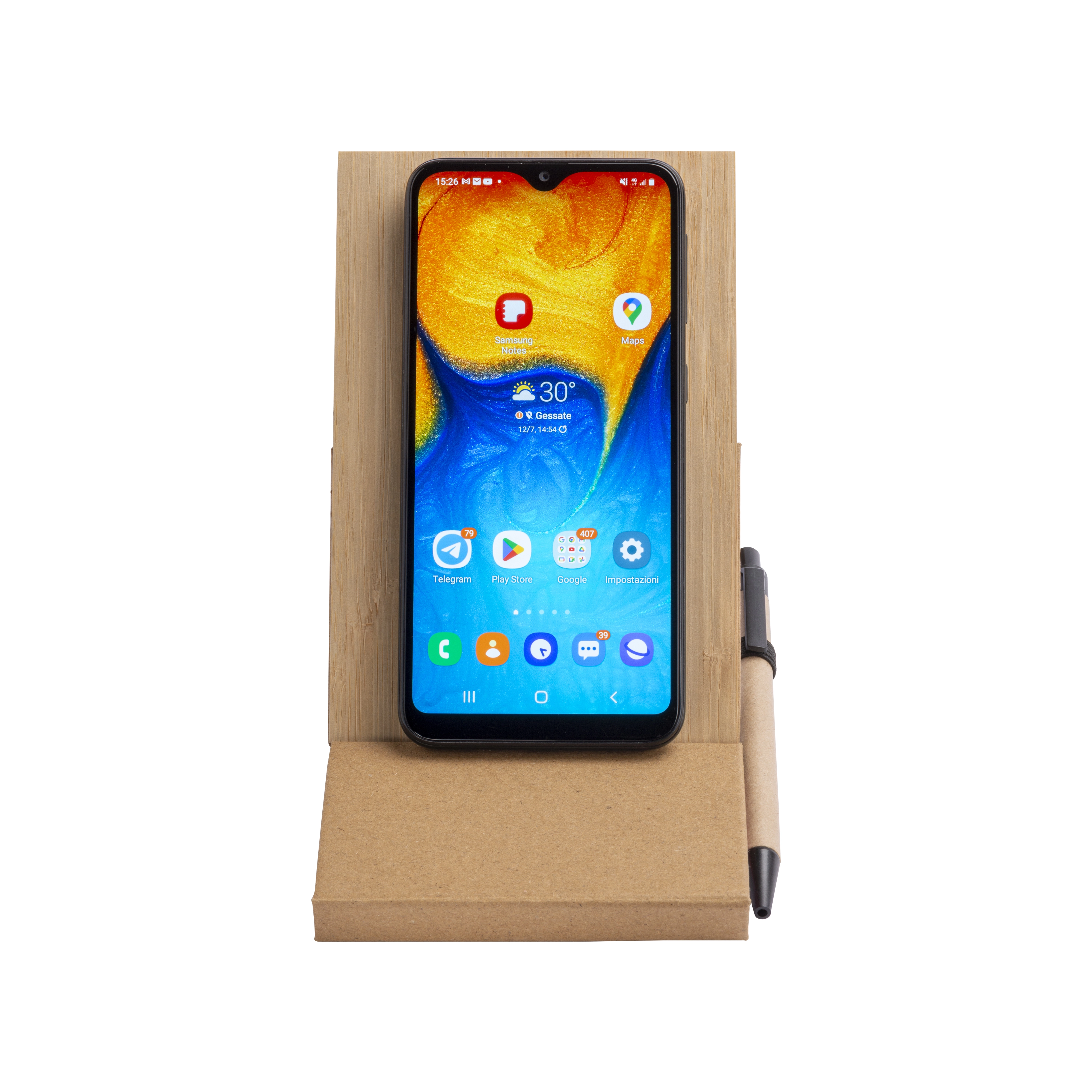 Immagine Blocco note con copertina in bambù, penna a sfera e supporto per telefono