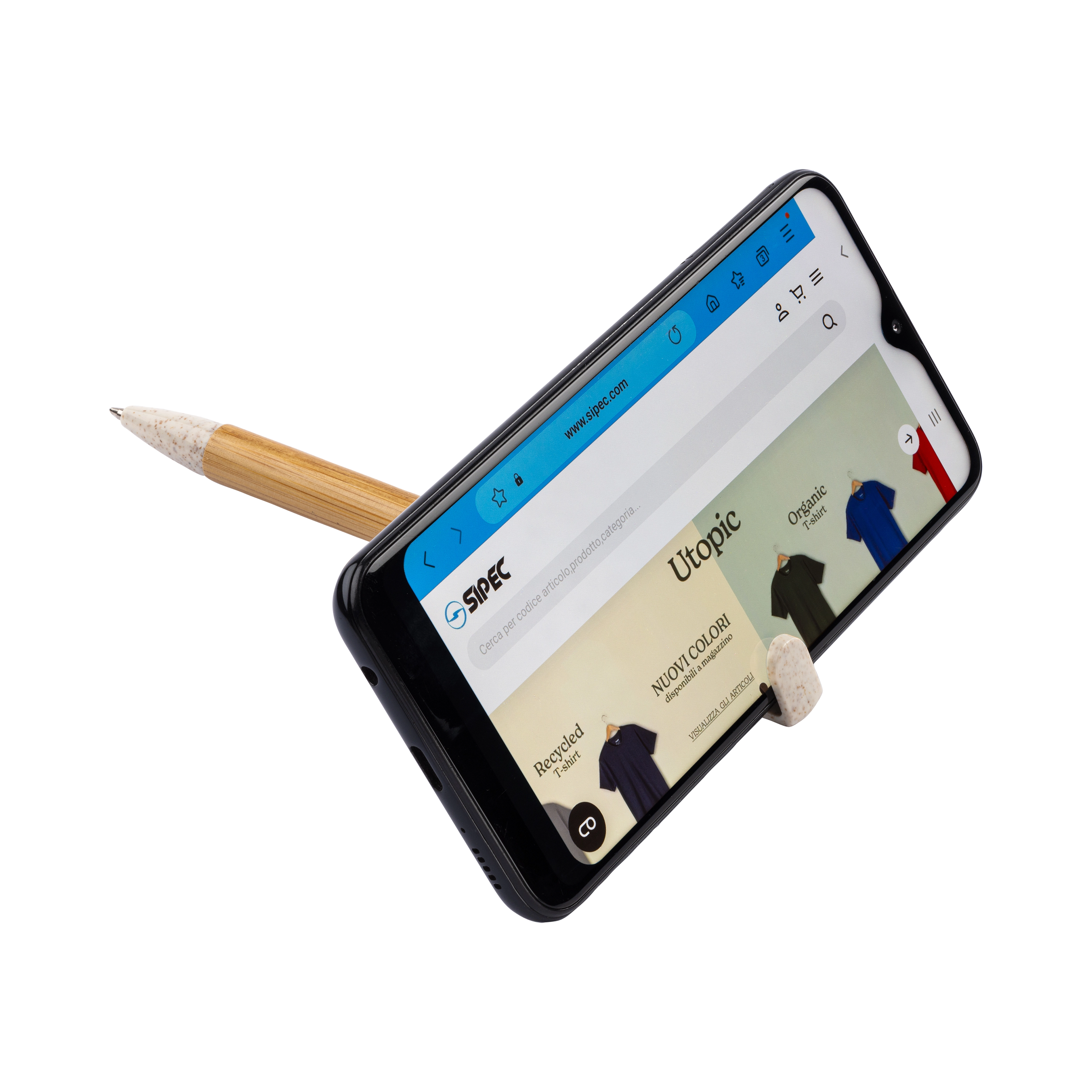 Immagine Penna twist in bambù e paglia di grano con stand porta cellulare