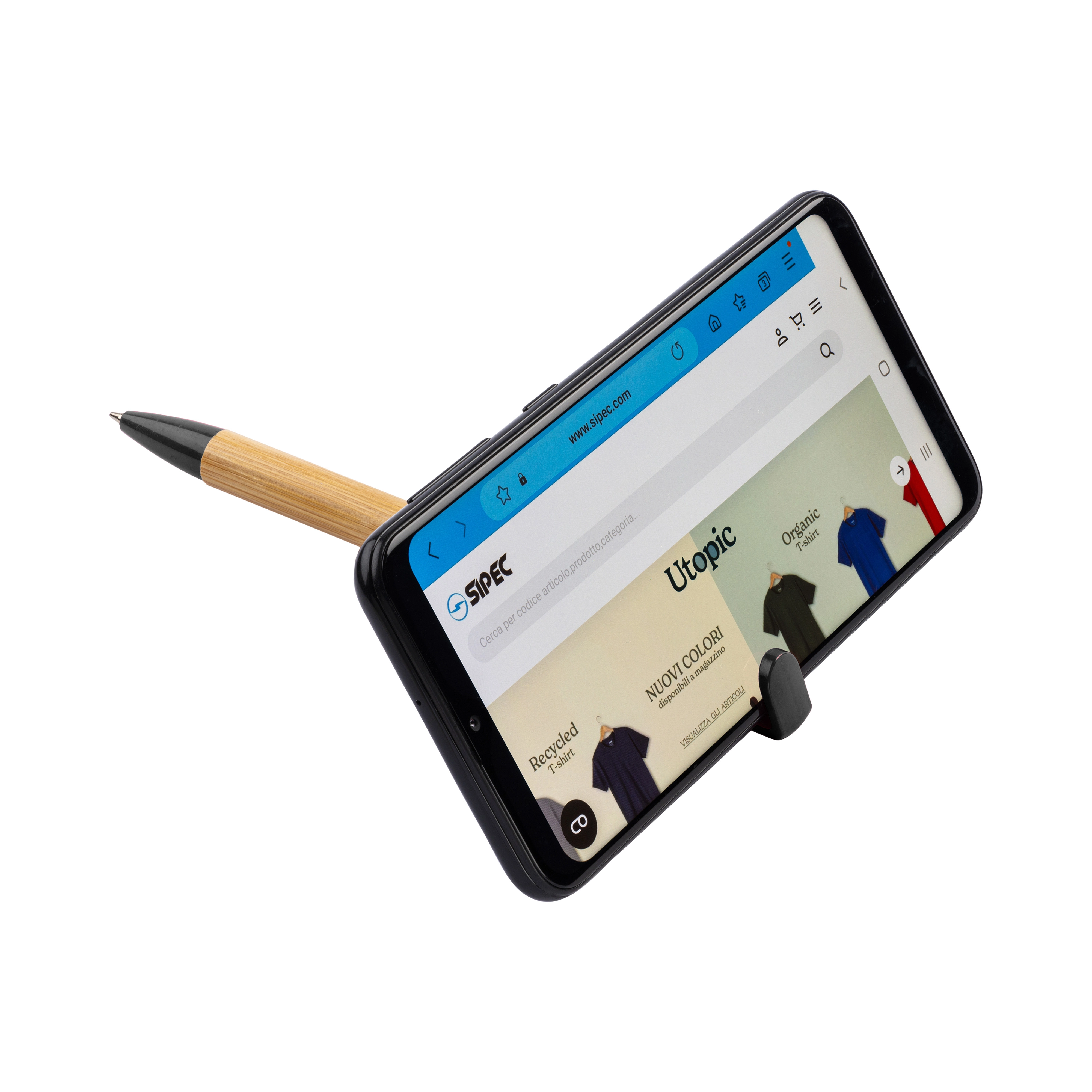 Immagine Penna twist in bambù e paglia di grano con stand porta cellulare