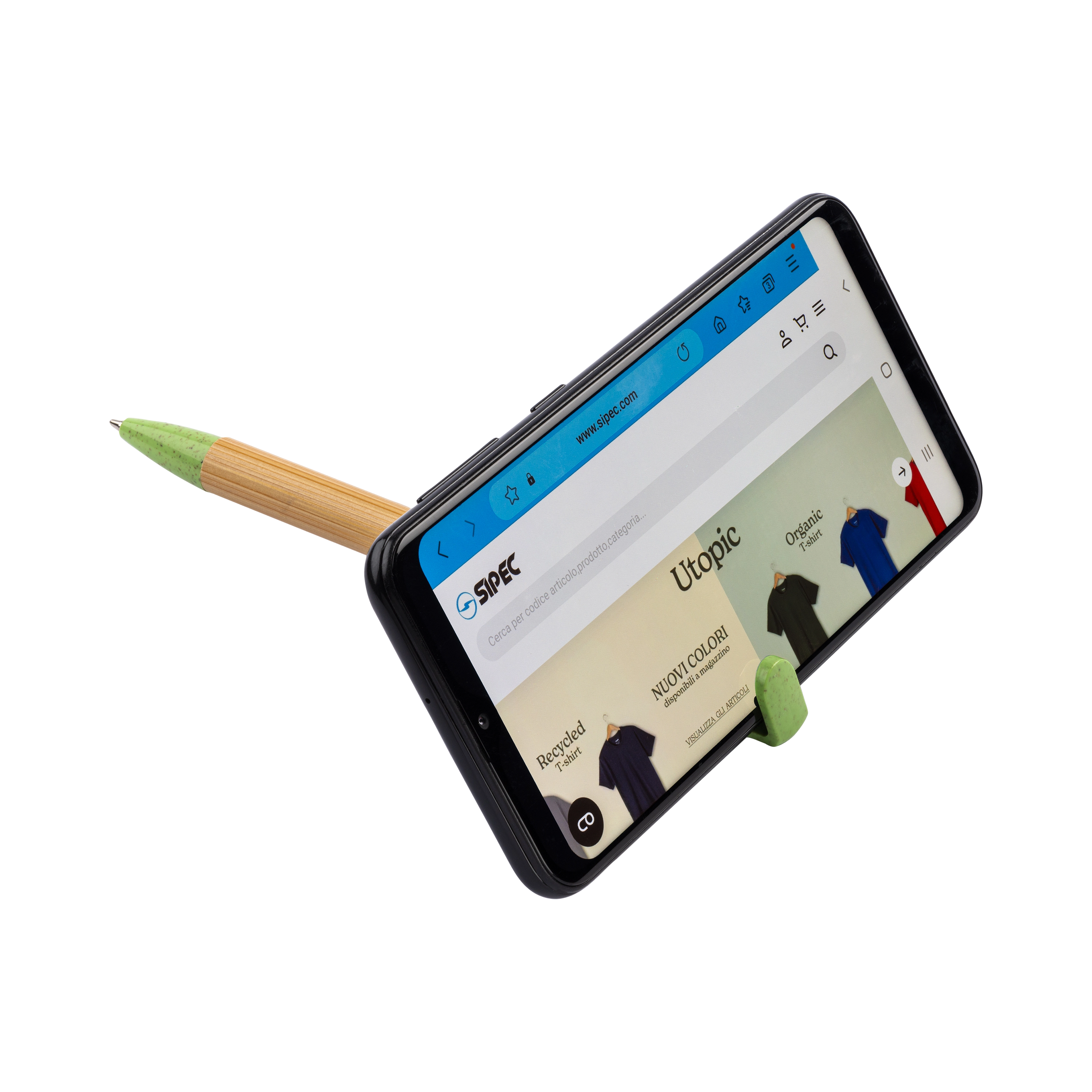 Immagine Penna twist in bambù e paglia di grano con stand porta cellulare