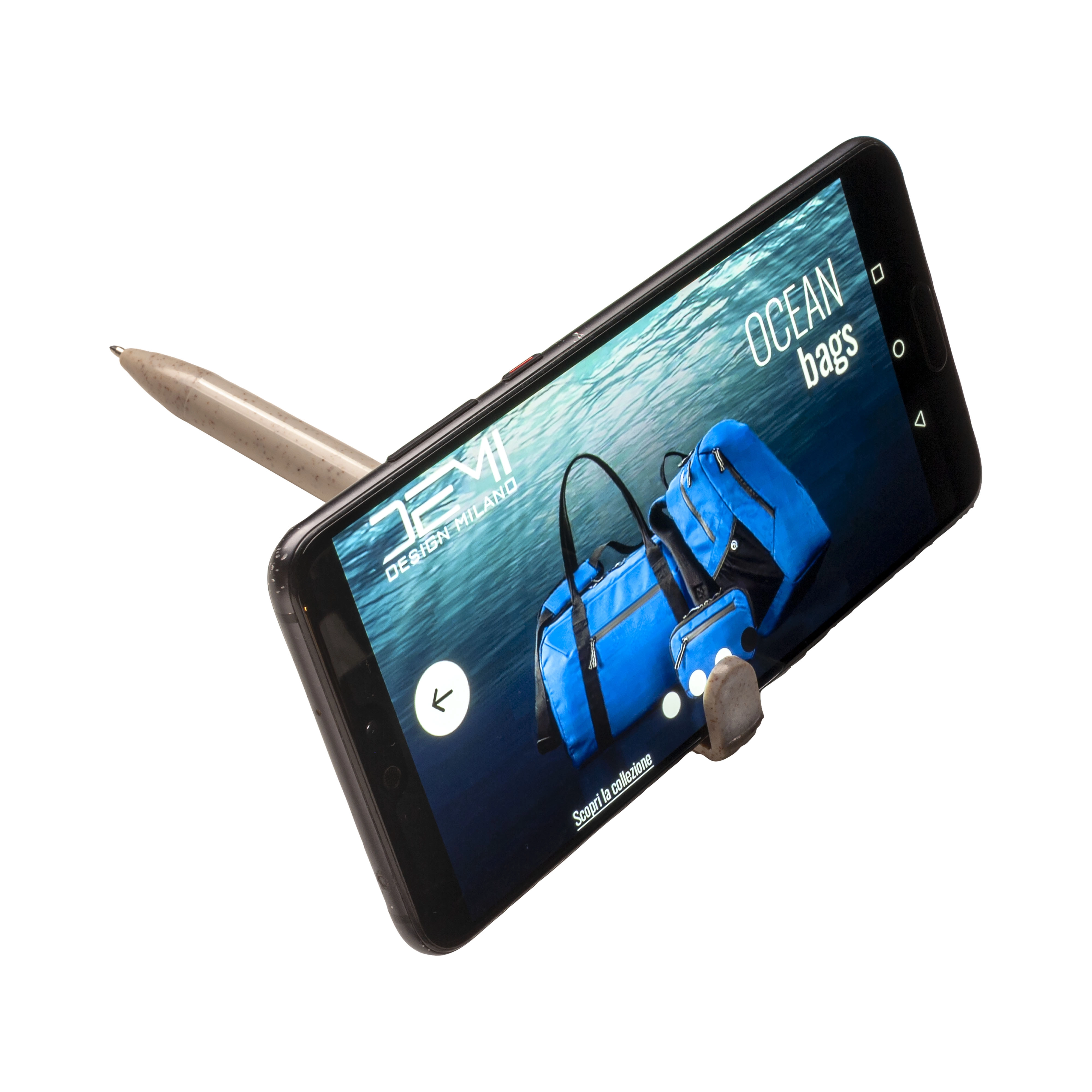 Immagine Penna twist in PP e paglia di grano con stand porta cellulare