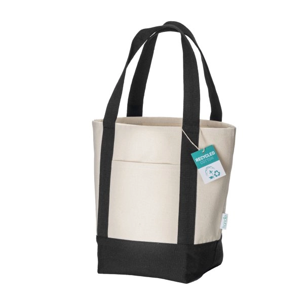 Mini borsa shopper in cotone riciclato da 340 g/m2 con manici e base colorati. GRS