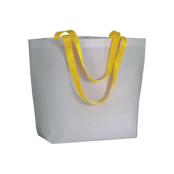 Shopper con soffietto alla base in TNT laminato 100 g/m2 cucito, manici in colore fluo
