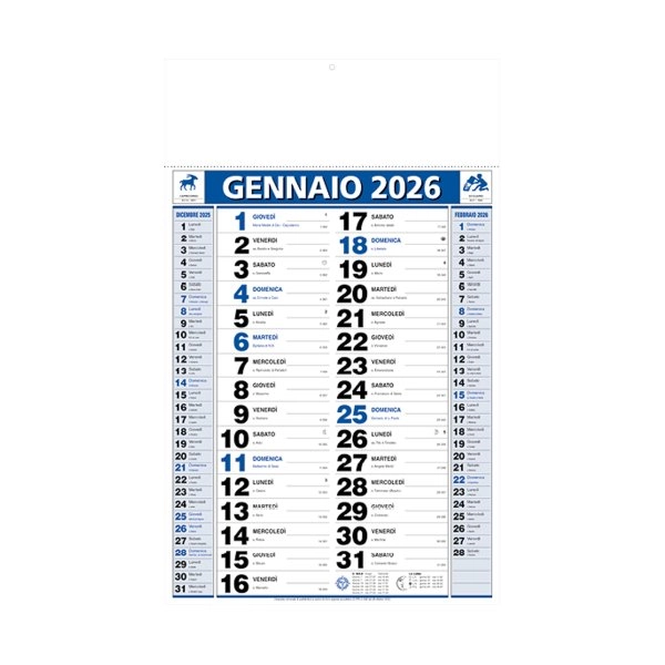 Calendario 2026 da muro mensile bicolore, 12 fogli, su carta patinata, termosaldato