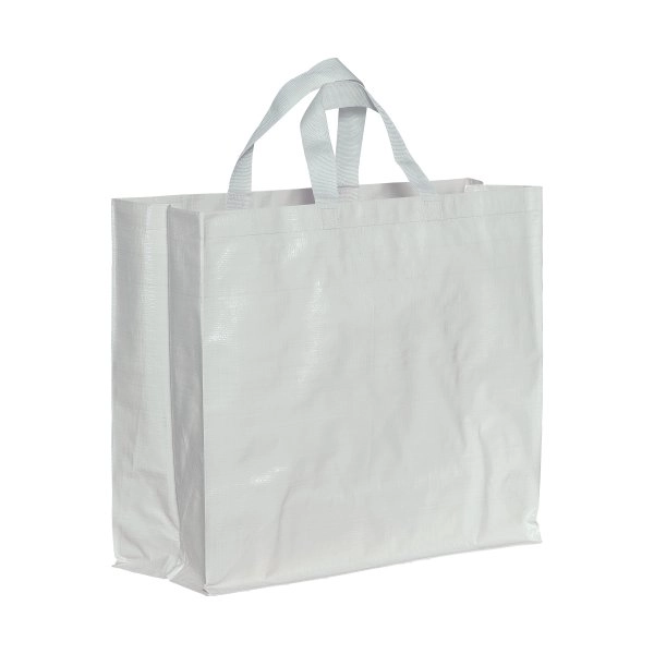 Shopper con soffietto in PP laminato 120 g/m2, manici corti a nastro