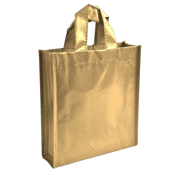 Shopper mini con soffietto in TNT laminato 100 g/m2 cucito, manici corti