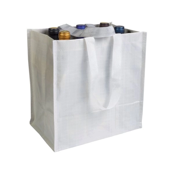 Shopper porta bottiglie (6 posti) in PP laminato 120 g/m2, manici corti a nastro