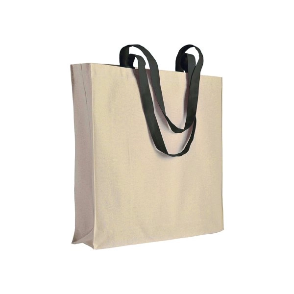 Shopper con soffietto in cotone naturale 220 g/m2, manici lunghi colorati