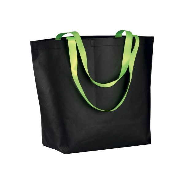 Shopper con soffietto alla base in TNT laminato 100 g/m2 cucito, manici in colore fluo