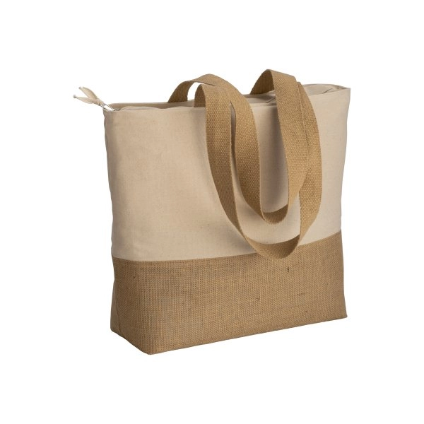 Shopper in cotone 280 g/m2 con soffietto, con base in juta, manici lunghi