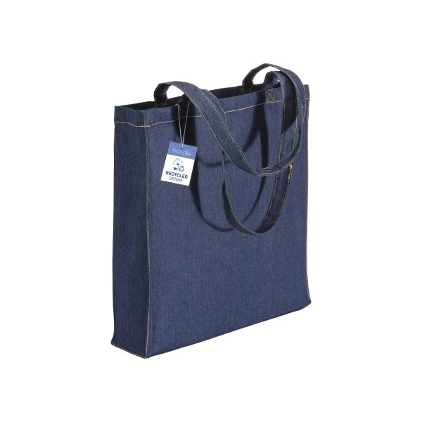 Shopper in cotone denim riciclato 180 gr/m2, manici lunghi e soffietto